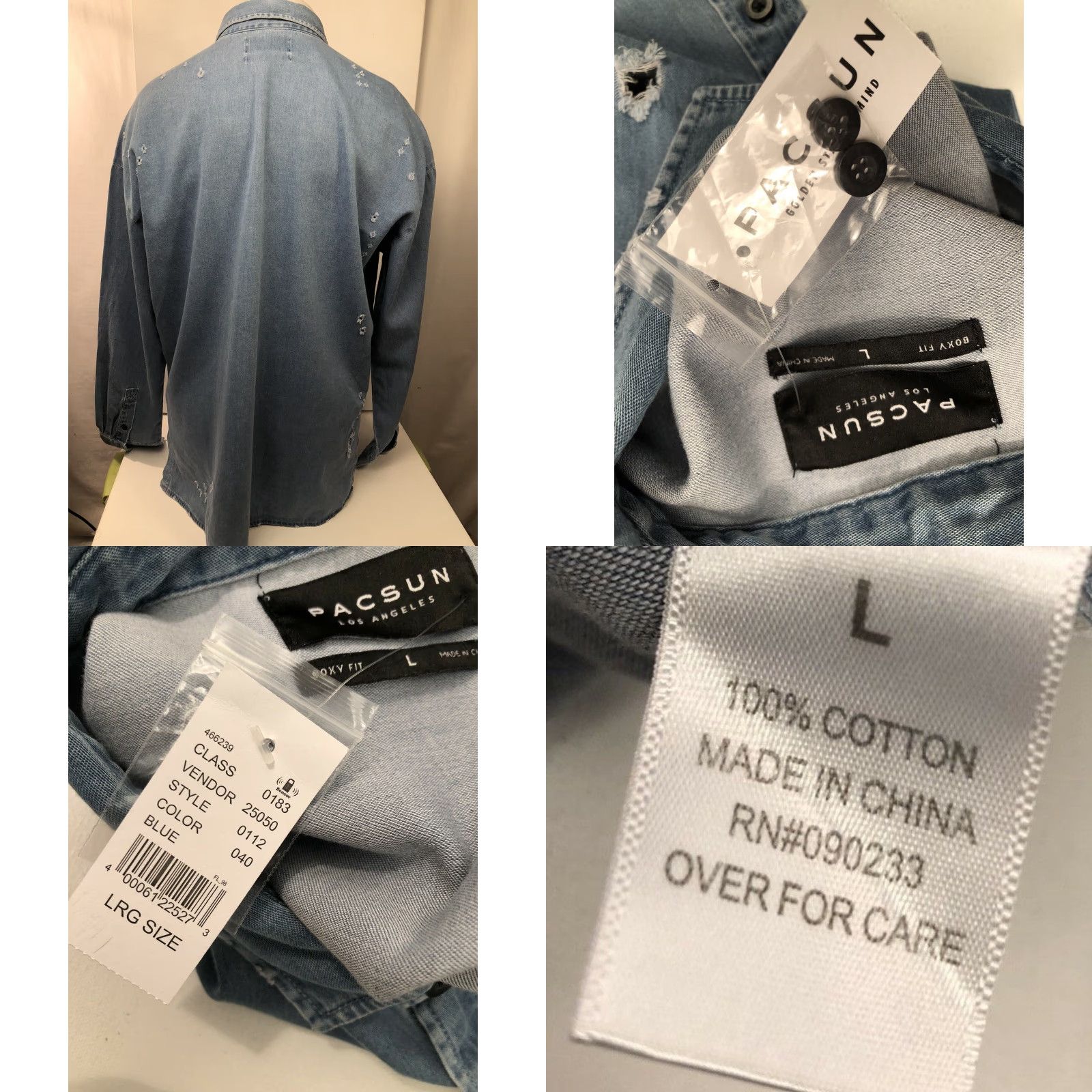 Pacsun PACSUN Denim Shirt Boxy Fit Mens Lg Distressed Los Angeles Blue Button-Up Long Sleeve XS? No, keep as L size example. Size US L / EU 52-54 / 3 - 8 Thumbnail