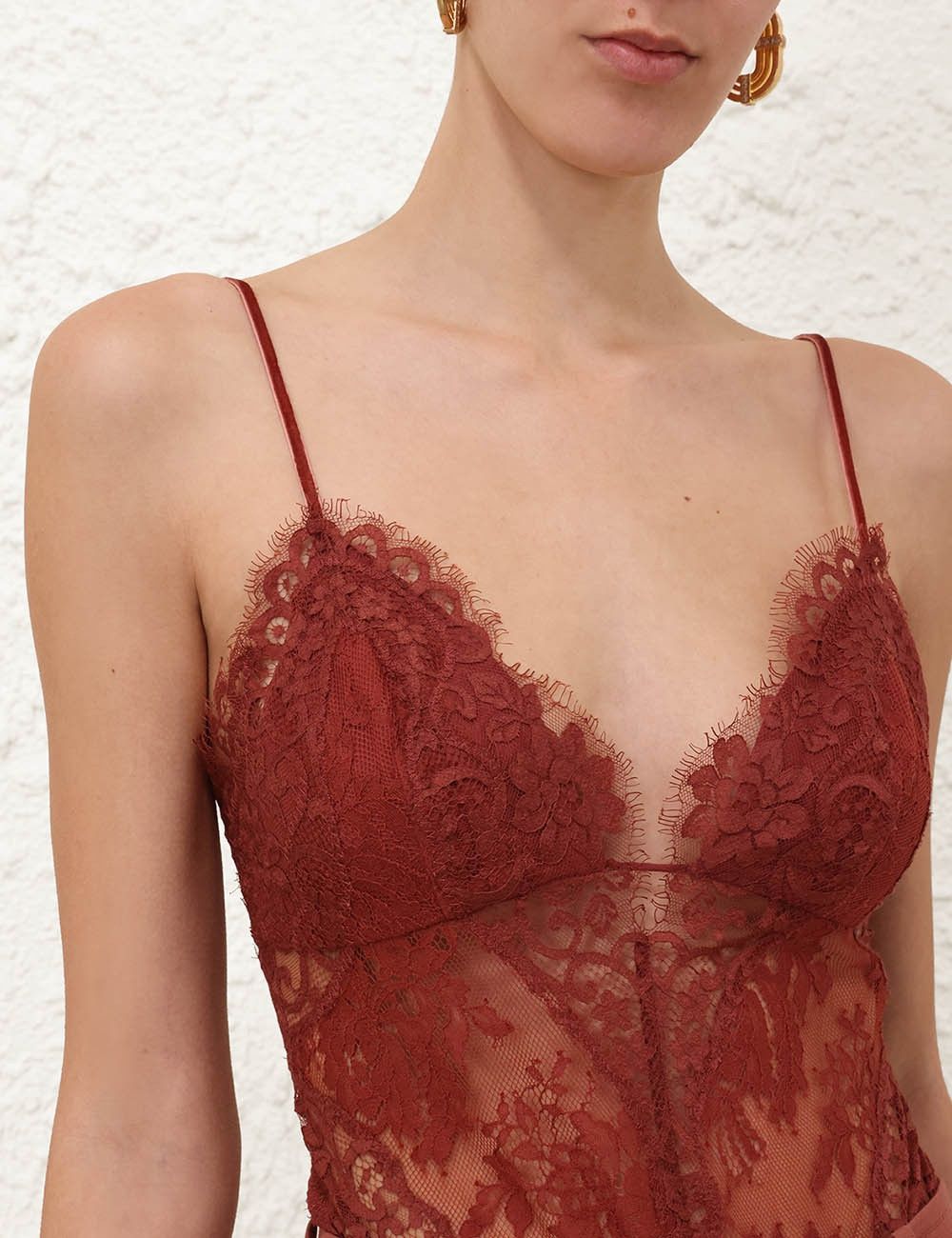 oc11z0725 Illustration Lace Bodysuit in Chestnut