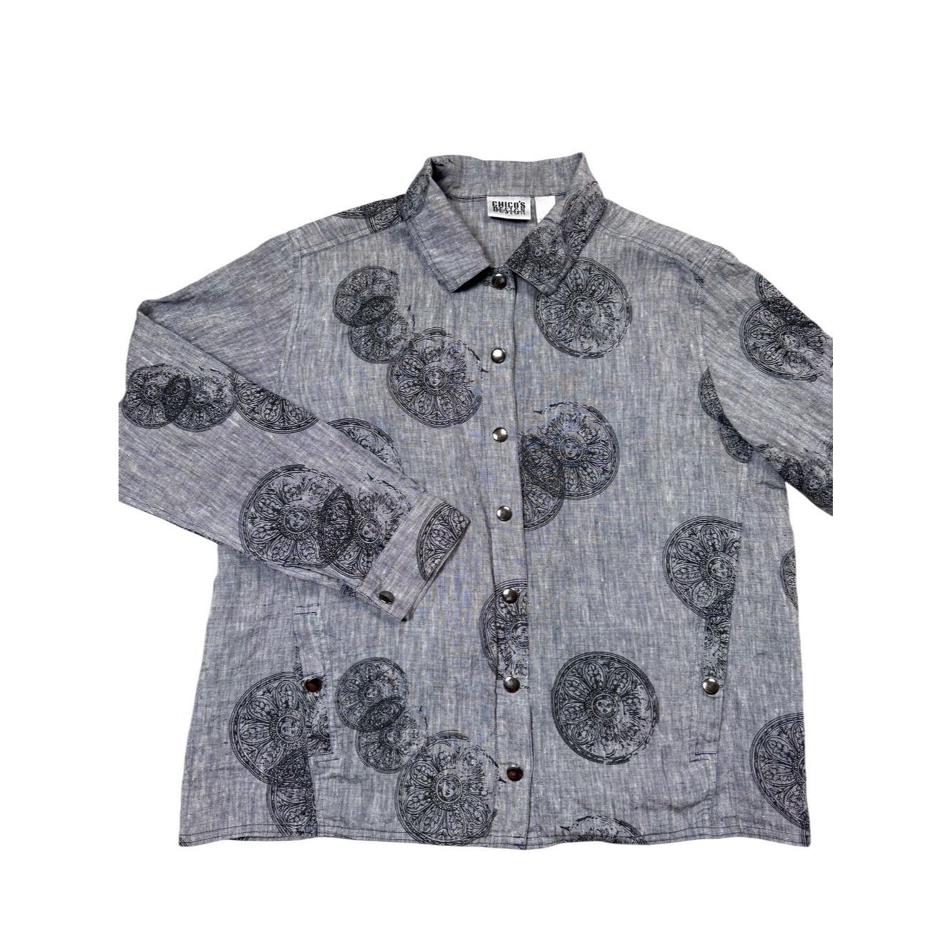 Chicos Chico's Gray Medallion Print Snap Button Linen Shirt Size 2 Size L / US 10 / IT 46 - 3 Thumbnail