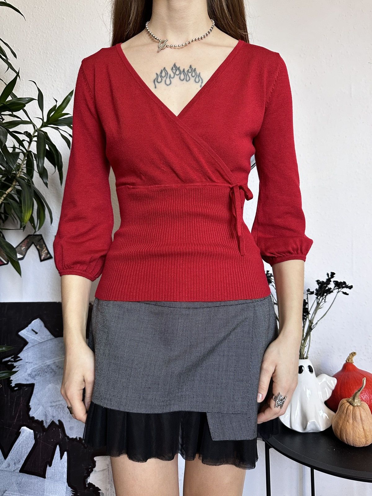 Japanese Brand × Vintage Red Autumn Retro Knitted 3/4 Wrap Sweater Pullover Size M / US 6-8 / IT 42-44 - 1 Thumbnail