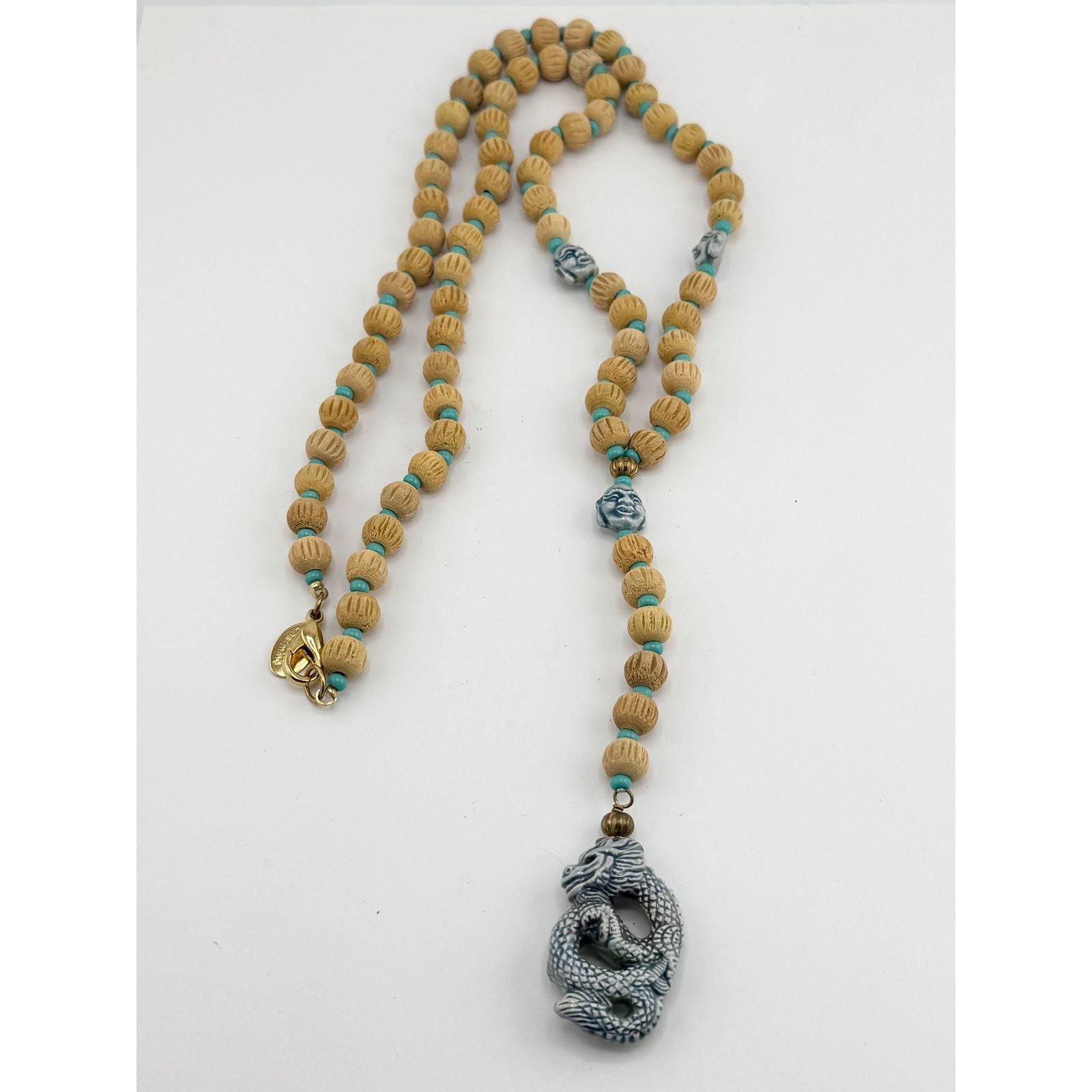 Vintage Vintage wood bead porcelain dragon serpent long pendant neck Size ONE SIZE - 2 Thumbnail