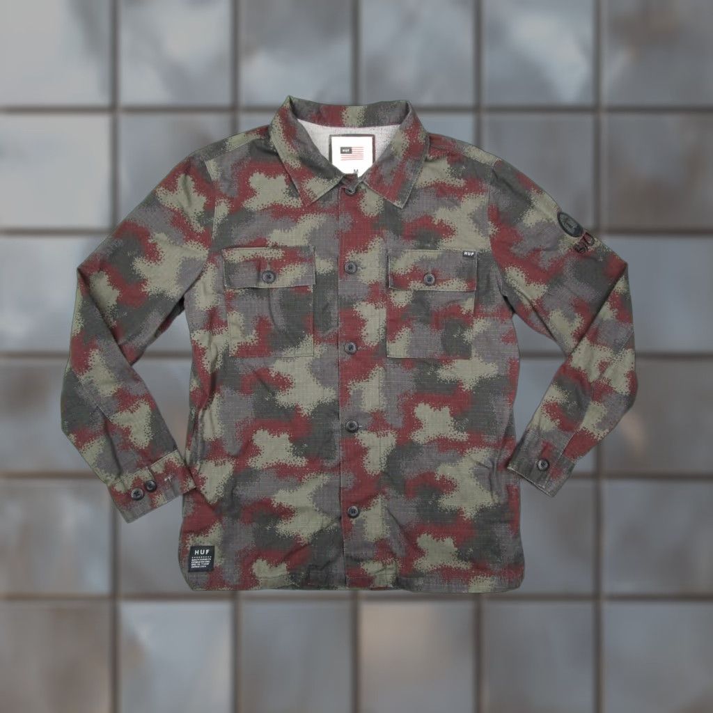 Huf HUF Shirt Mens M Green Camouflage Button-Up Woven Military Casual Workwear 100% Cotton Long Sleeve Logo Pockets Vintage No Size US M / EU 48-50 / 2 - 1 Thumbnail