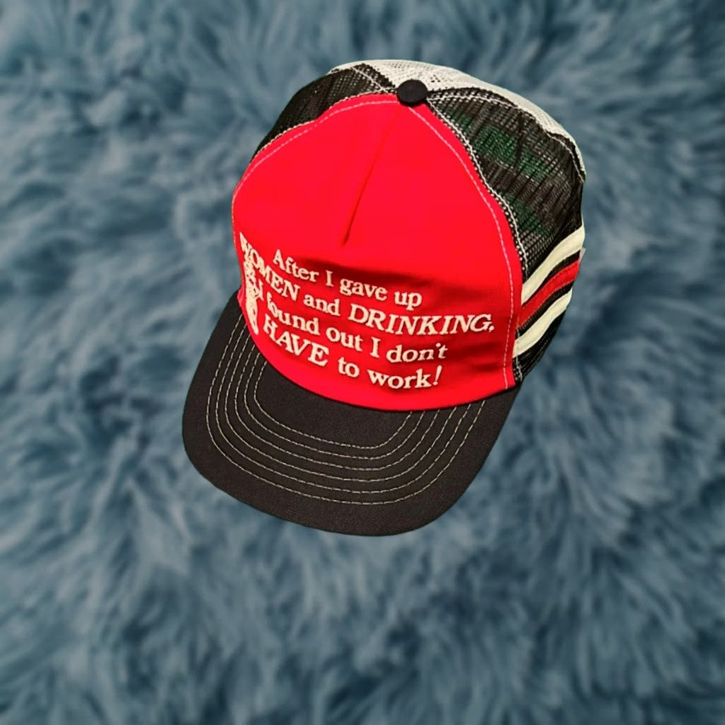 Vintage VINTAGE Trucker Hat USA Gave Up Women and Drinking Humor Truck Stop Three Stripe Red One Size Mens Size ONE SIZE - 1 Thumbnail