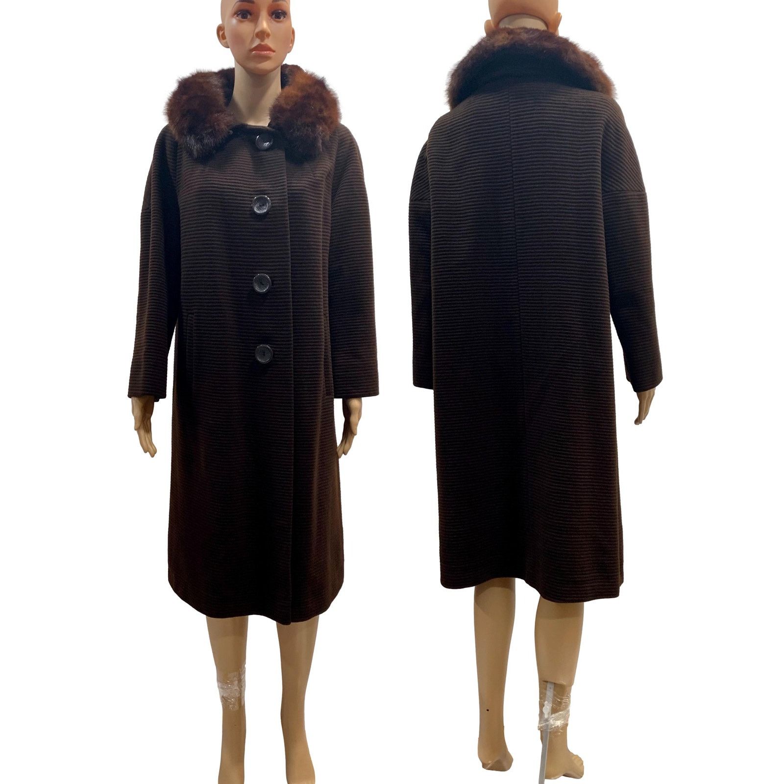 Vintage 60s Brown Ribbed Wool Coat w Mink Collar | Small Size S / US 4 / IT 40 - 2 Thumbnail