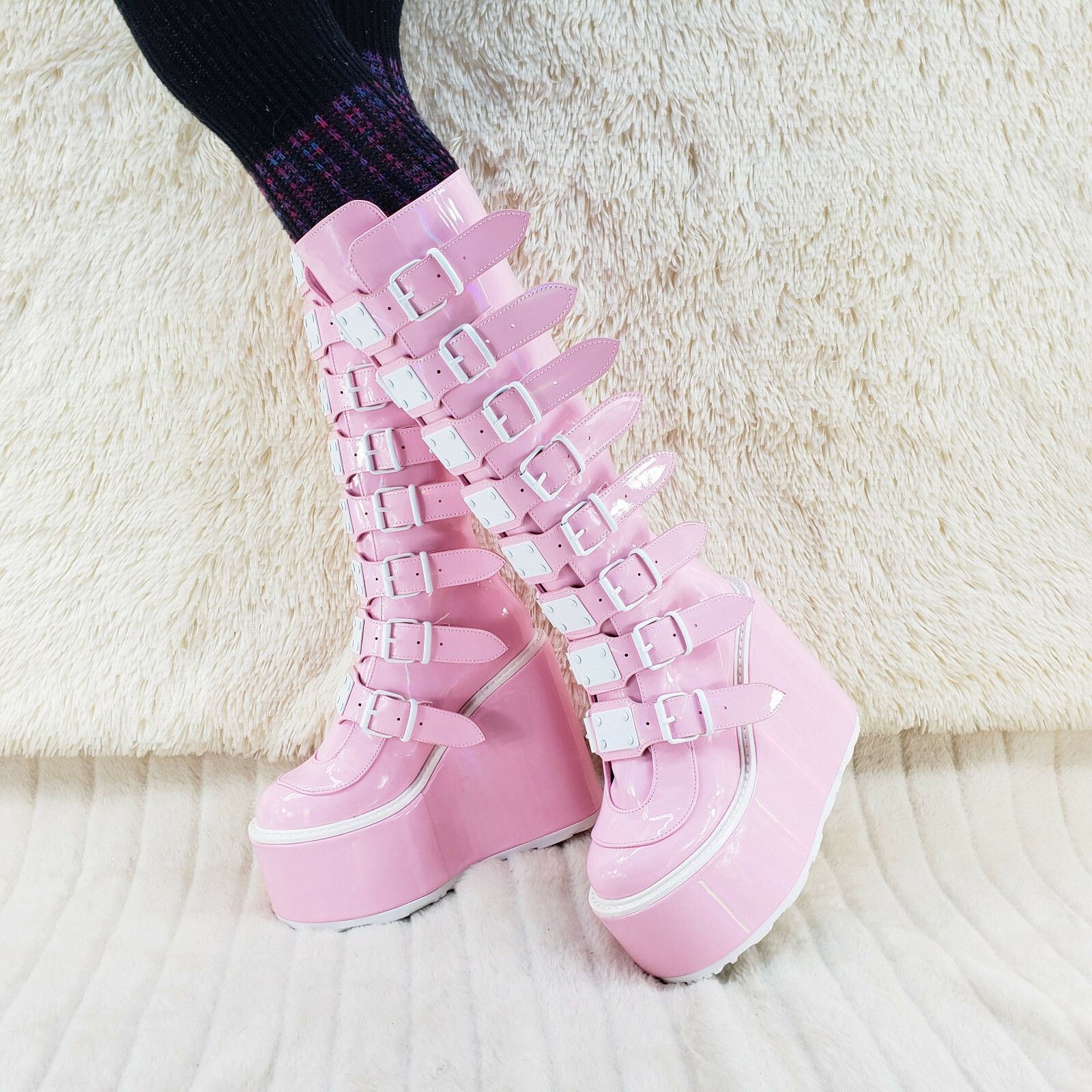 Demonia Cult DEMONIA Trinity Swing 815 Pink Hologram Patent Goth Knee Boo Size US 9 / IT 39 - 2 Thumbnail