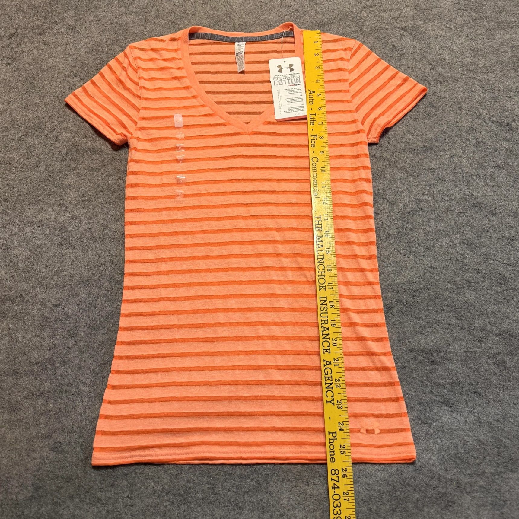 Under Armour Under Armour Shirt Women's Fitted T-Shirt S Orange Stripe Charged Cotton Heatgear Semi-Sheer V-Neck Short Sleeve Yoga Running Gym Training 90s Y2K Size S / US 4 / IT 40 - 2 Thumbnail