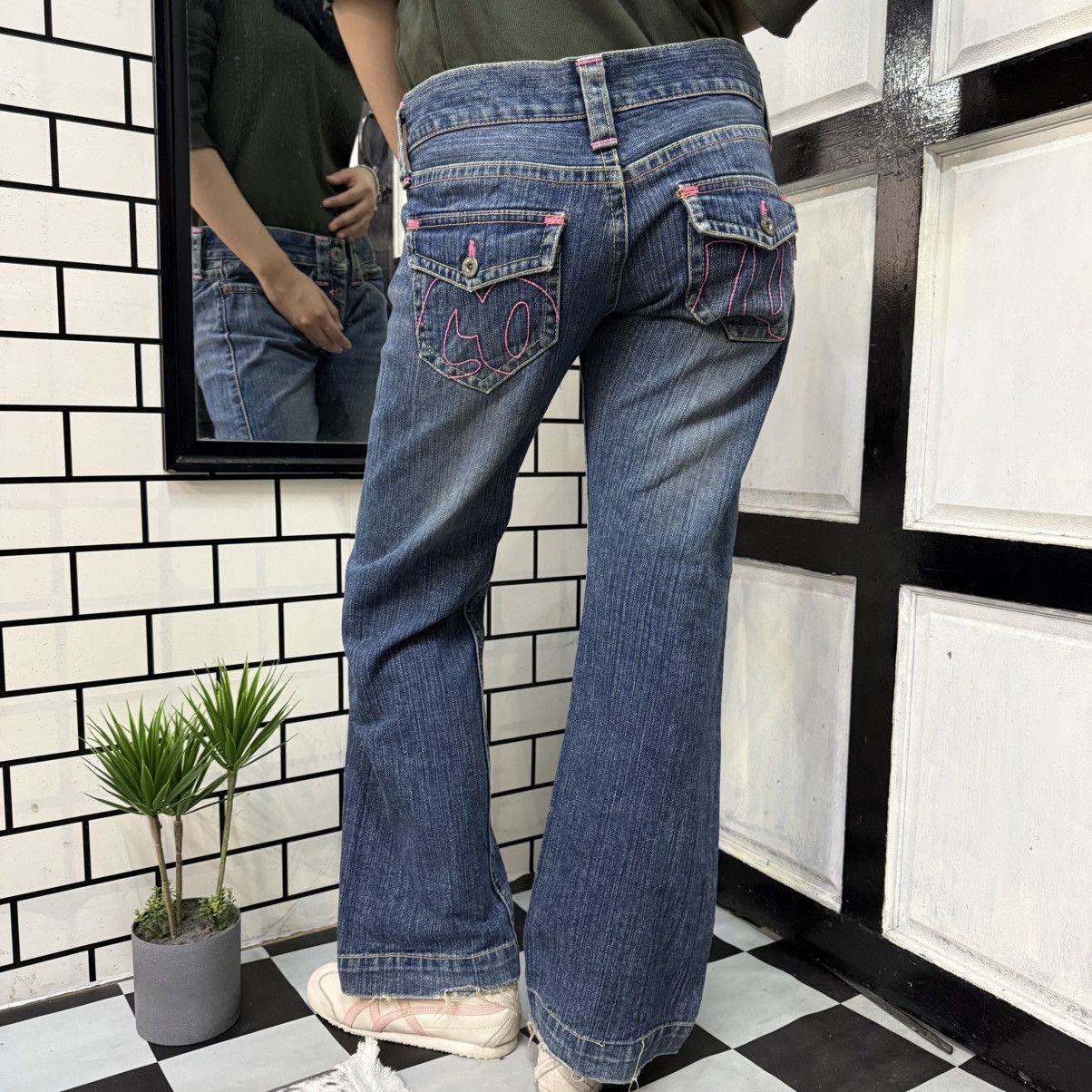 Japanese Brand Y2K Cocolulu Embroidery Wide Leg Flare Jeans Size 29" - 2 Thumbnail