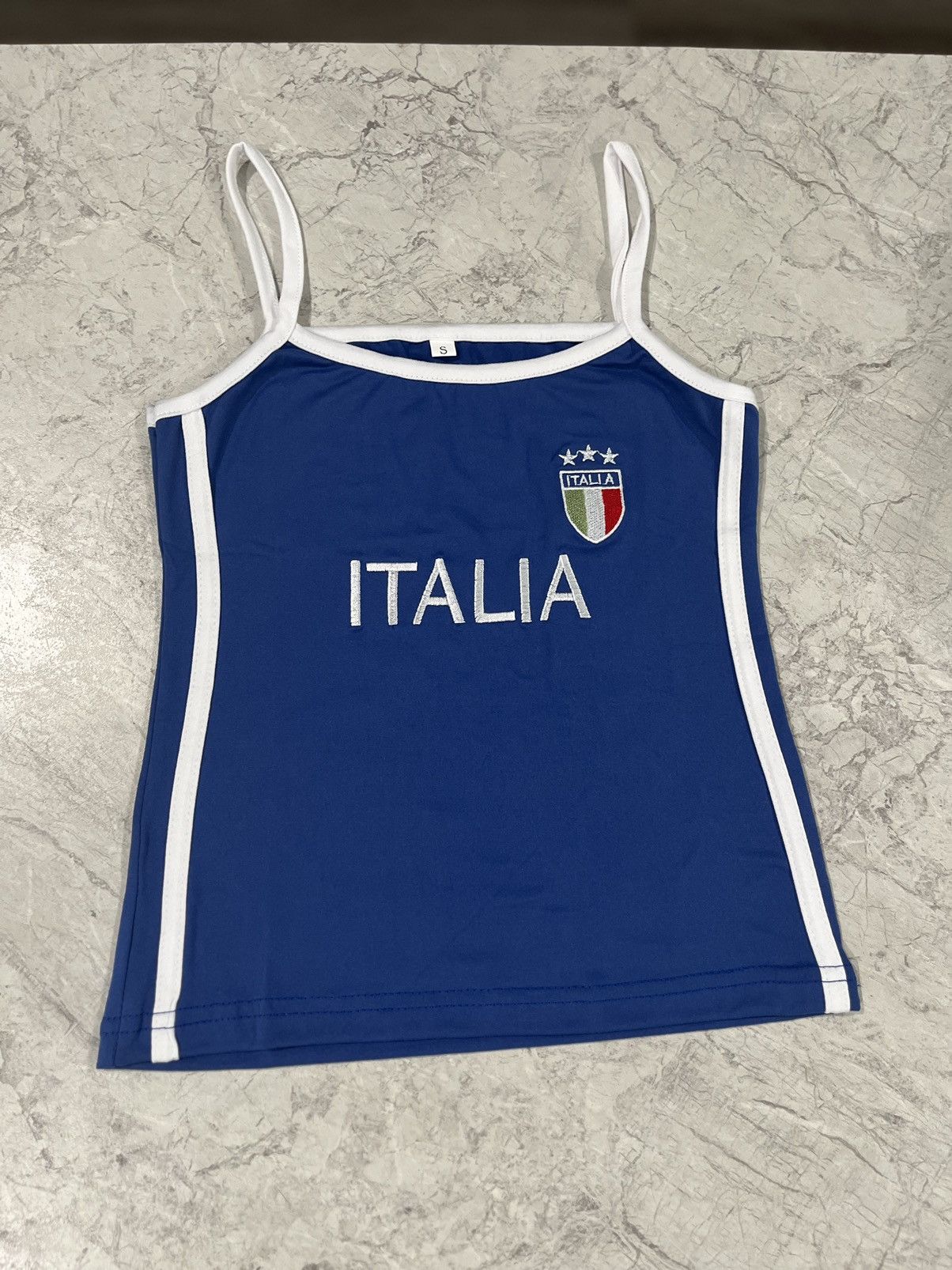 Other Y2k ITALIA Blue White Embroidered Italy Crop Top Tank Tops Size L / US 10 / IT 46 - 1 Thumbnail
