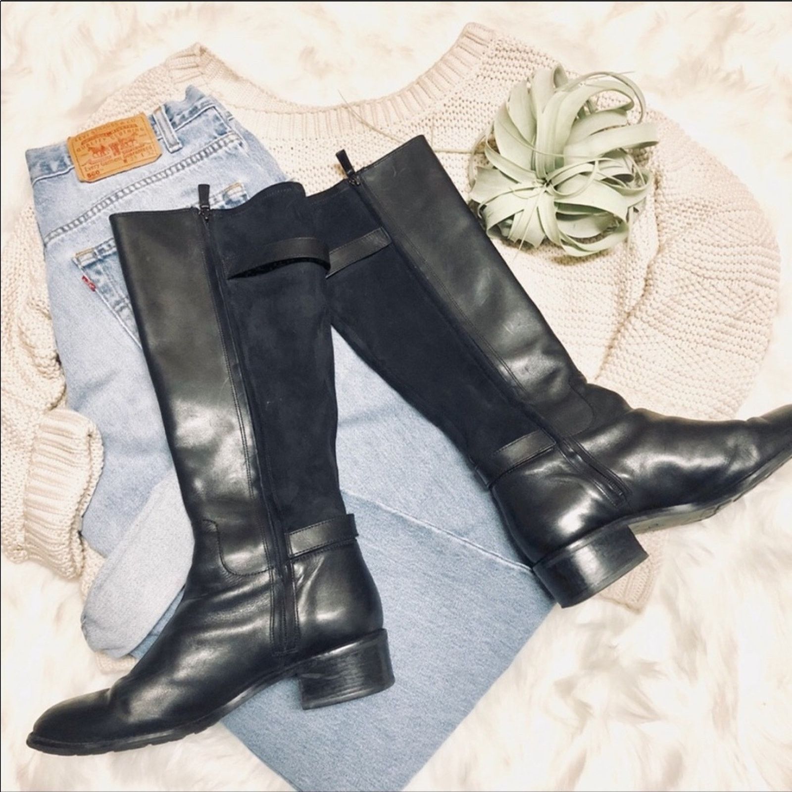 Cole Haan COLE HAAN Black Suede Leather Buckle Zip Knee Riding Boots Size US 11 / IT 41 - 2 Thumbnail