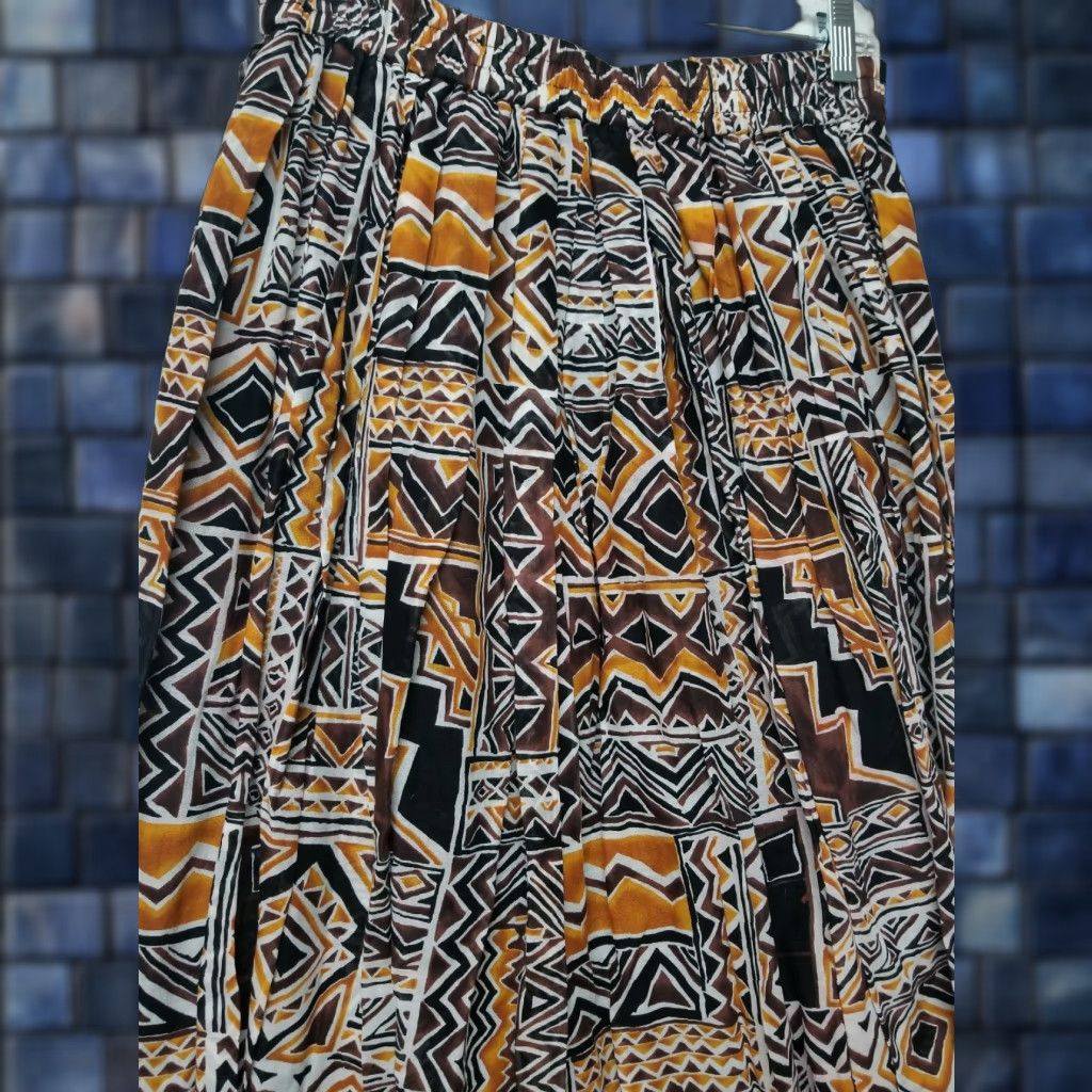 Bechamel Skirt Long Women M Multi-Color Tribal Print Hippie Ethnic Bechamel Pleated Stretch Waist Pull On 100% Cotton Slim