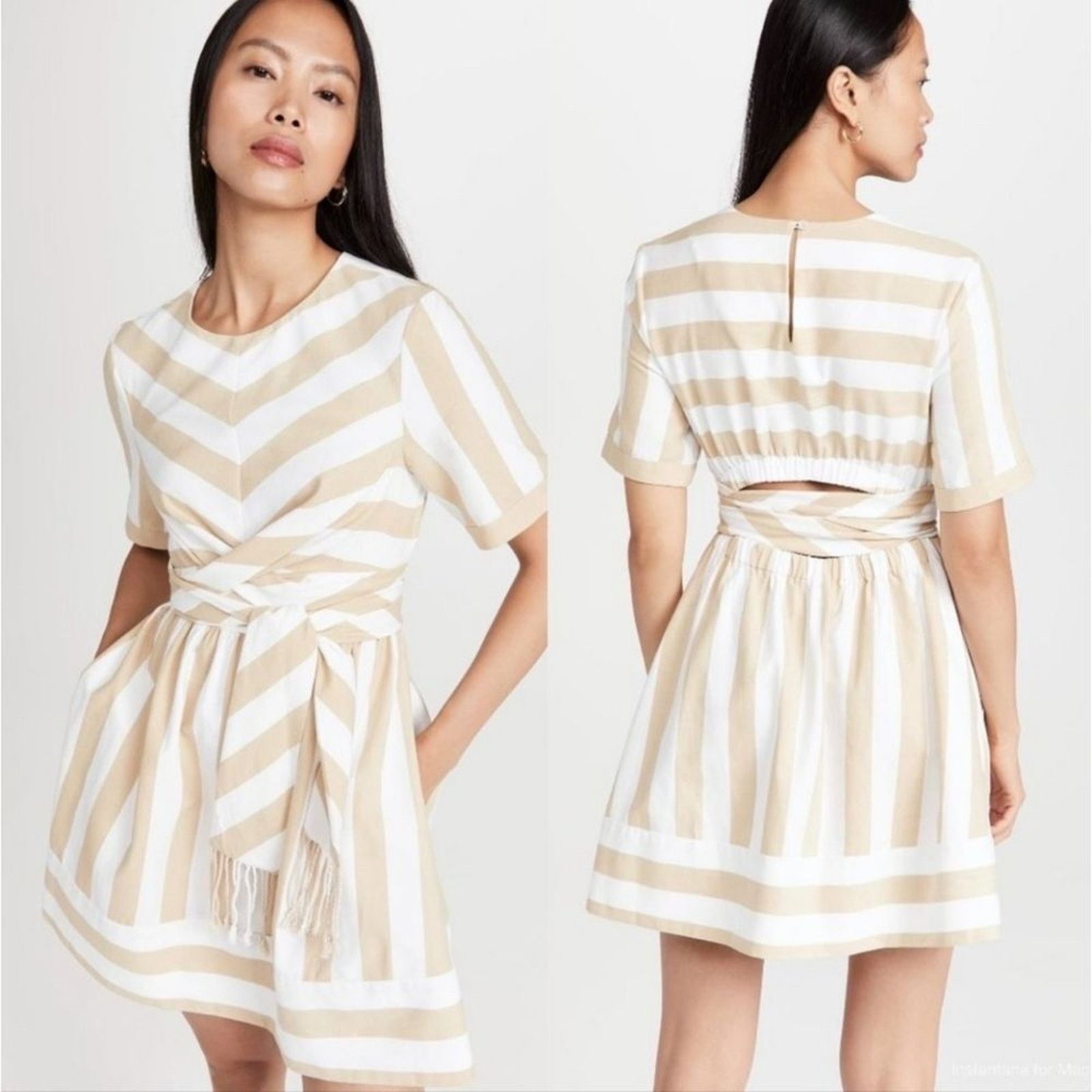 Staud Staud Beige White Chevron Striped Tie Waist York Dress Sz XS Size XS / US 0-2 / IT 36-38 - 1 Thumbnail