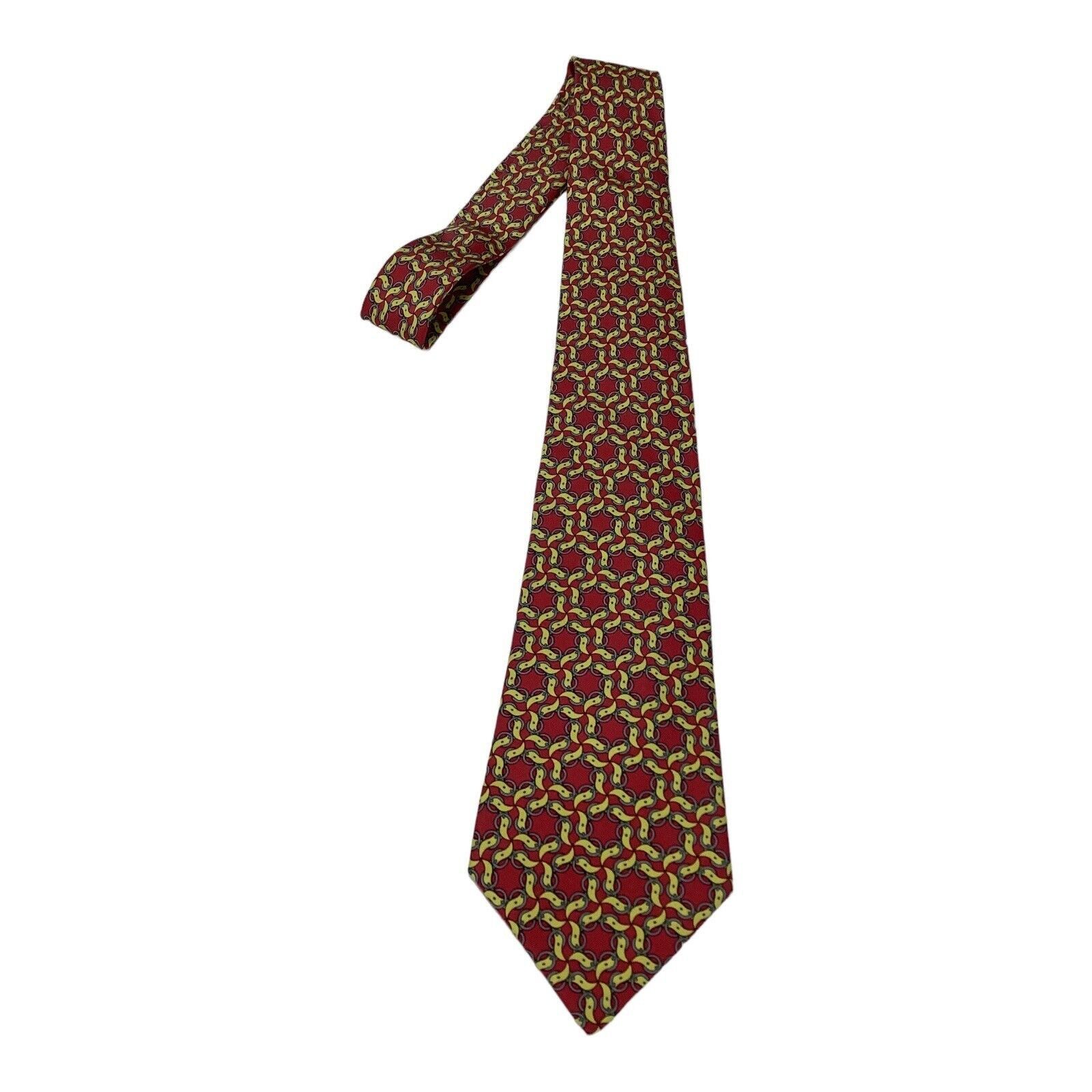 Hermes HERMES PARIS Vintage 7420 HA Red Yellow Belt Print Silk Tie Size ONE SIZE - 6 Thumbnail