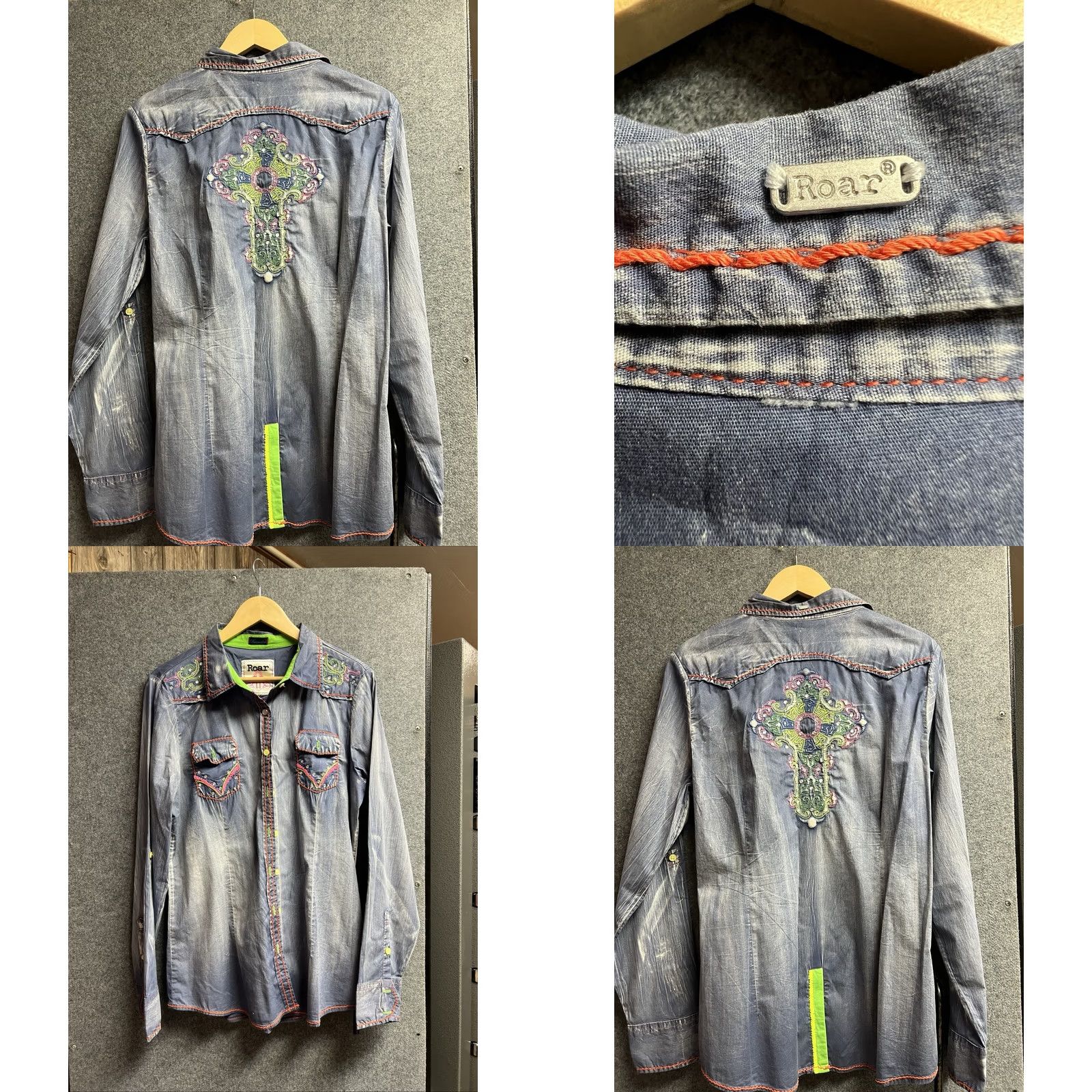 Roar VINTAGE Roar Destined To Womens XL PNK/GRN Acid Wash Button Shirt Rhinestone Embellished Size M / US 6-8 / IT 42-44 - 8 Thumbnail