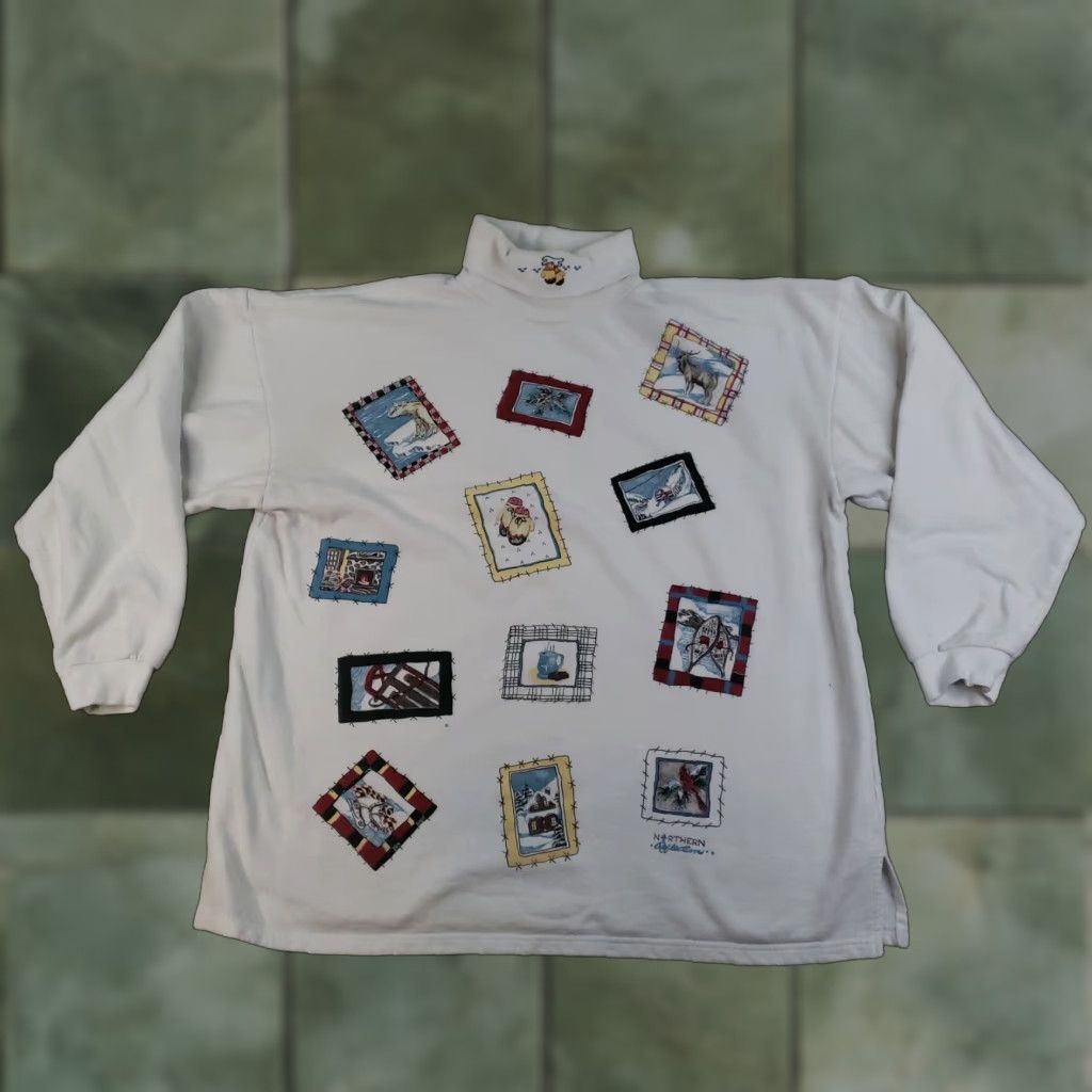 Northern Reflections VINTAGE Northern Reflections Sweater Womens Large White Pullover 90s Geometric Graphic Print Mock Neck Winter Cabin Moose Cardinal Embroidered Logo Size L / US 10 / IT 46 - 1 Thumbnail