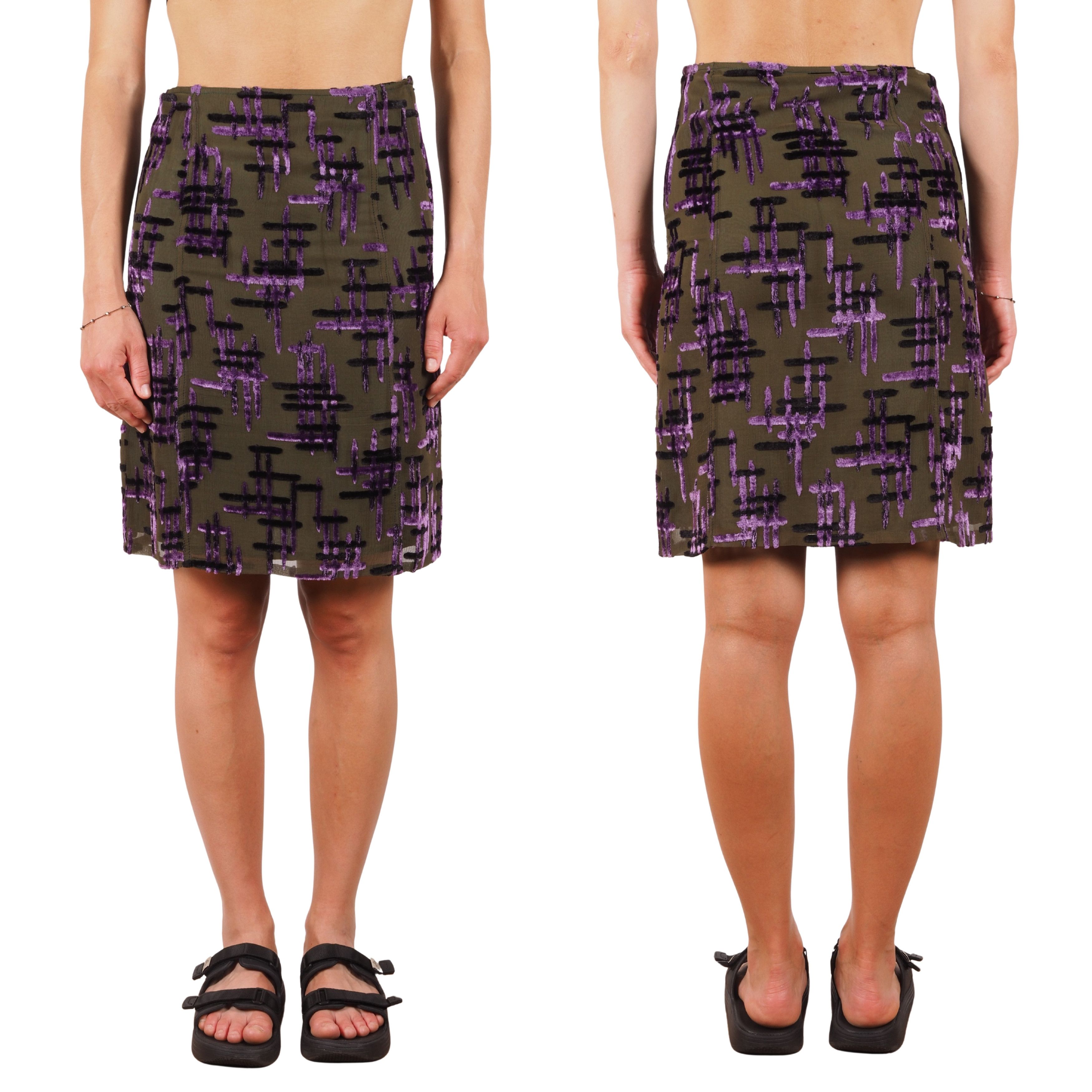 Prada Prada 90s Archive Runway Olive Velvet Pattern Skirt Size 28" / US 6 / IT 42 - 2 Thumbnail