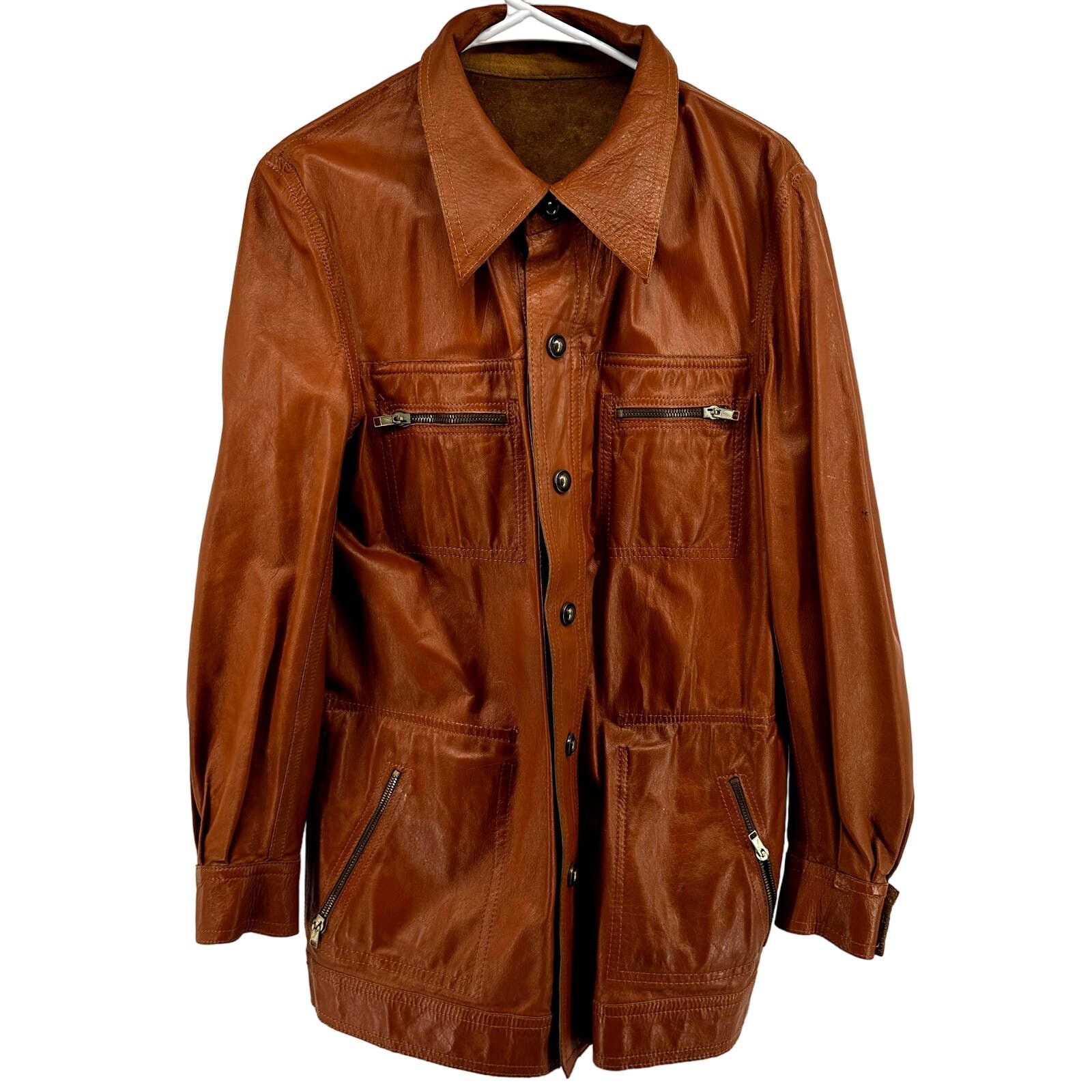 image of Vintage VTG Areitio Leather Button Up Jacket '70S Collared Zip XL in Brown, Women's