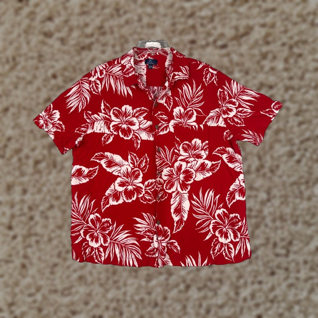 George George Shirt Adult Large Red White Floral Palm Button Up Hawaiian 100% Rayon Size US L / EU 52-54 / 3 - 1 Thumbnail