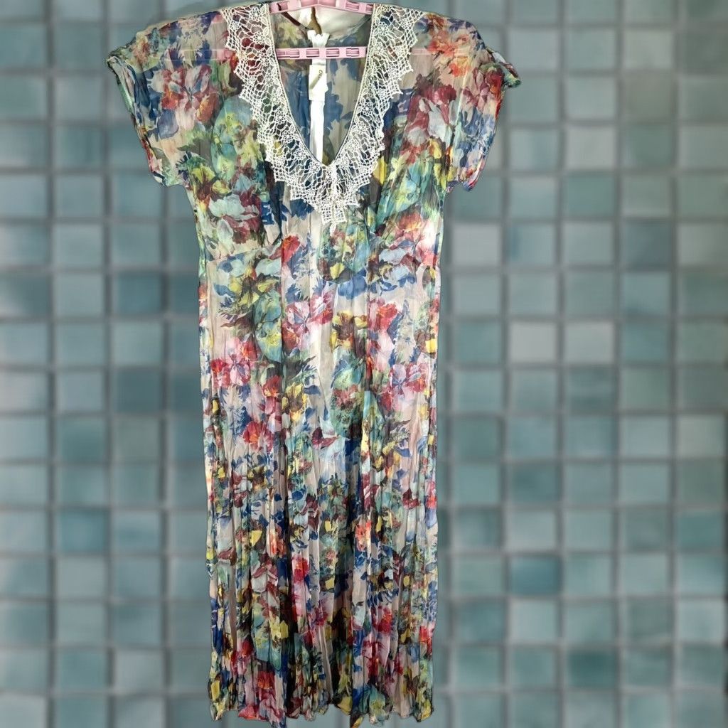 VINTAGE ZOE California Floral Pleated Maxi Dress Womens Size M Multicolor V-Neck Balloon Sleeve