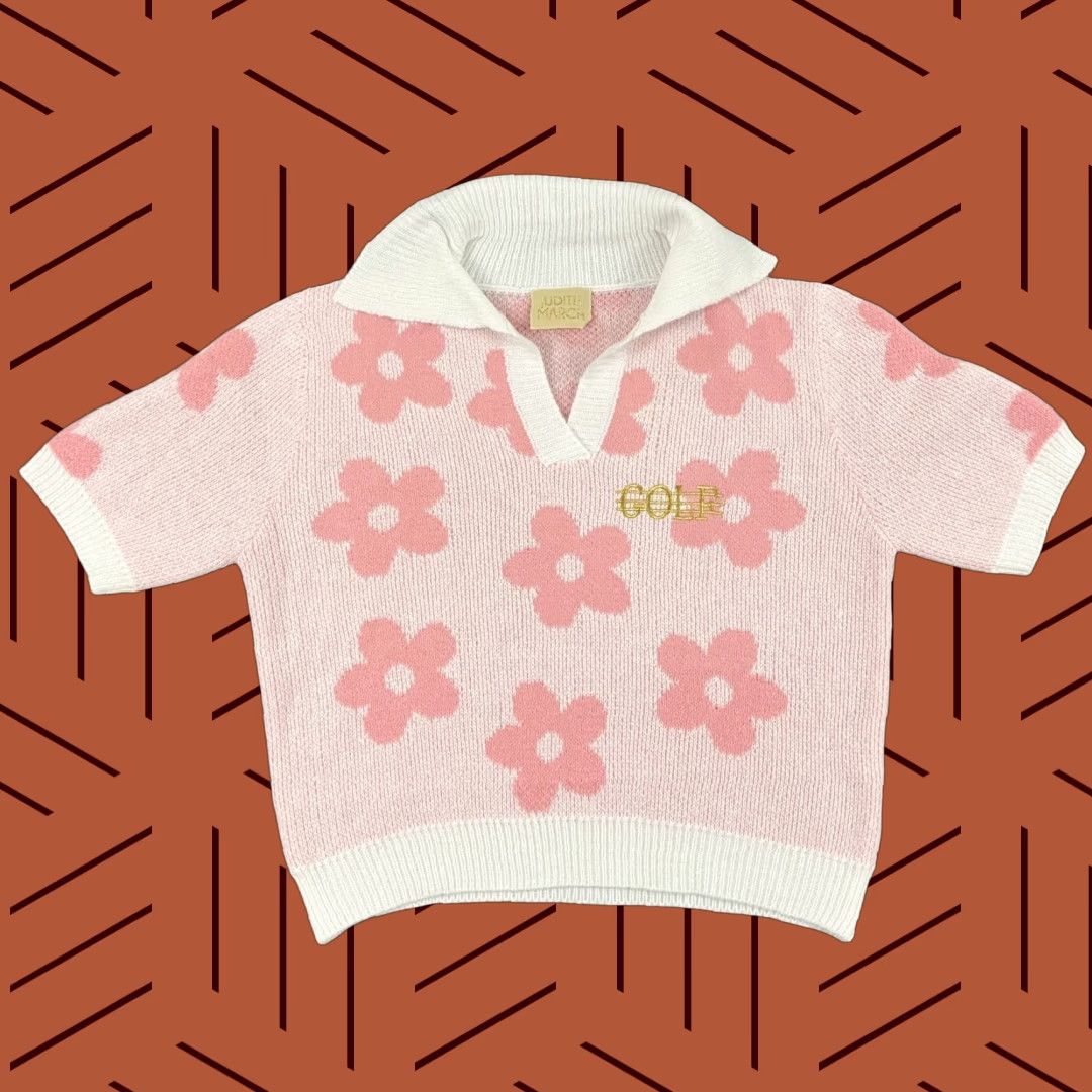 Vintage Judith March Sweater Polo Womens Medium Golf Pink White Floral Knit Preppy Shirt Size M / US 6-8 / IT 42-44 - 1 Thumbnail