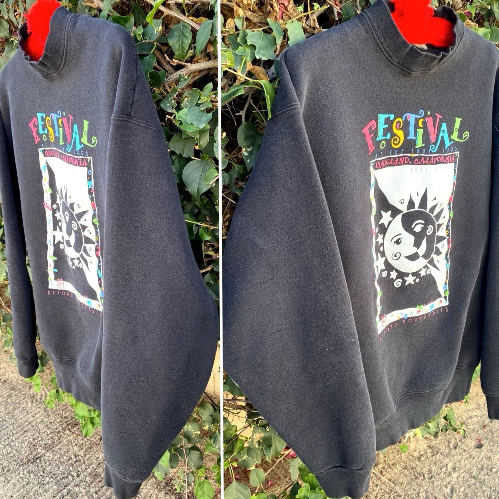 Fruit Of The Loom VINTAGE Festival At The Lake Oakland CA Sweatshirt XL Adult Black 90s Sun Moon Graphic Print USA Fade Mens Size US XL / EU 56 / 4 - 7 Thumbnail