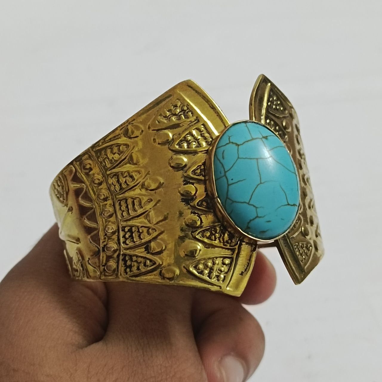 Handmade Handcrafted brass bracelet with turquoise stone Size ONE SIZE - 7 Thumbnail