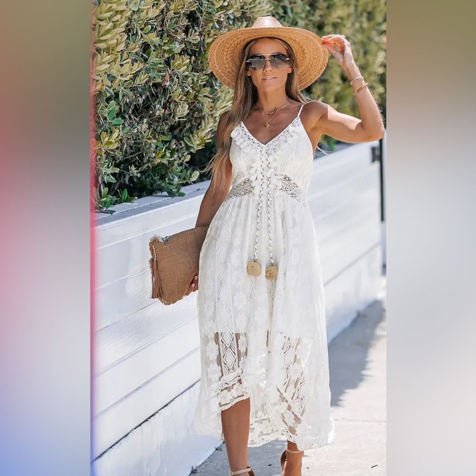Other New White Beach Boho Midi V-Neck Casual Lace Dress size S Size S / US 4 / IT 40 - 3 Thumbnail