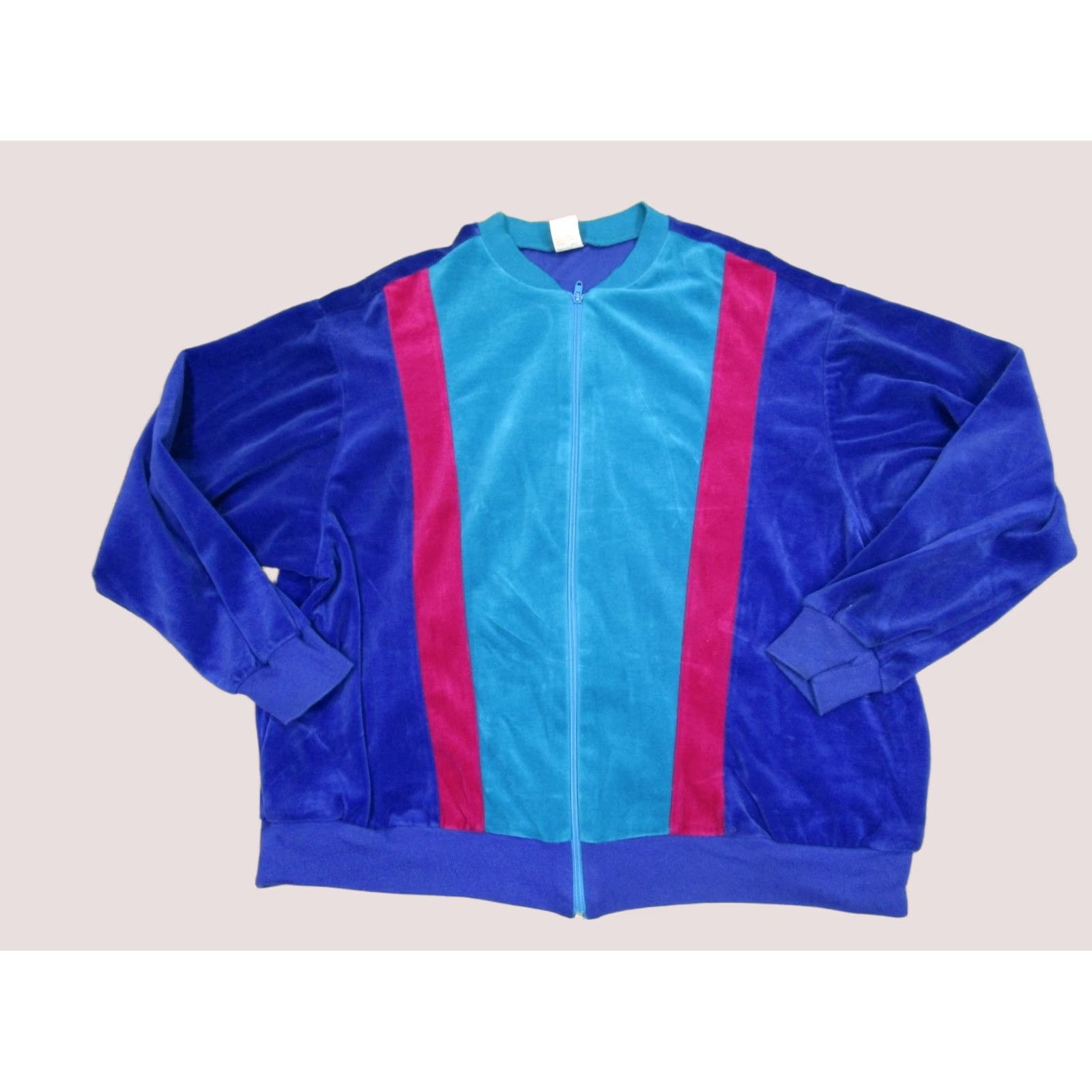 Jantzen VINTAGE Jantzen Windbreaker Jacket Women 3X Blue Velour Striped USA 80s Retro Distressed Logo Jacket/Coat Size XXL / US 16-18 / IT 52-54 - 1 Thumbnail