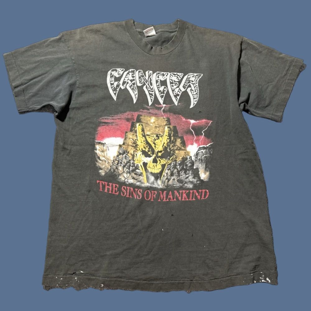 Fruit Of The Loom VINTAGE 1993 Cancer Sins Of Mankind T-Shirt Size XL Death Metal Thrash Fruit of the Loom Crew Neck Short Sleeve Cotton Men Band Music Rock Faded black Size US XL / EU 56 / 4 - 1 Thumbnail