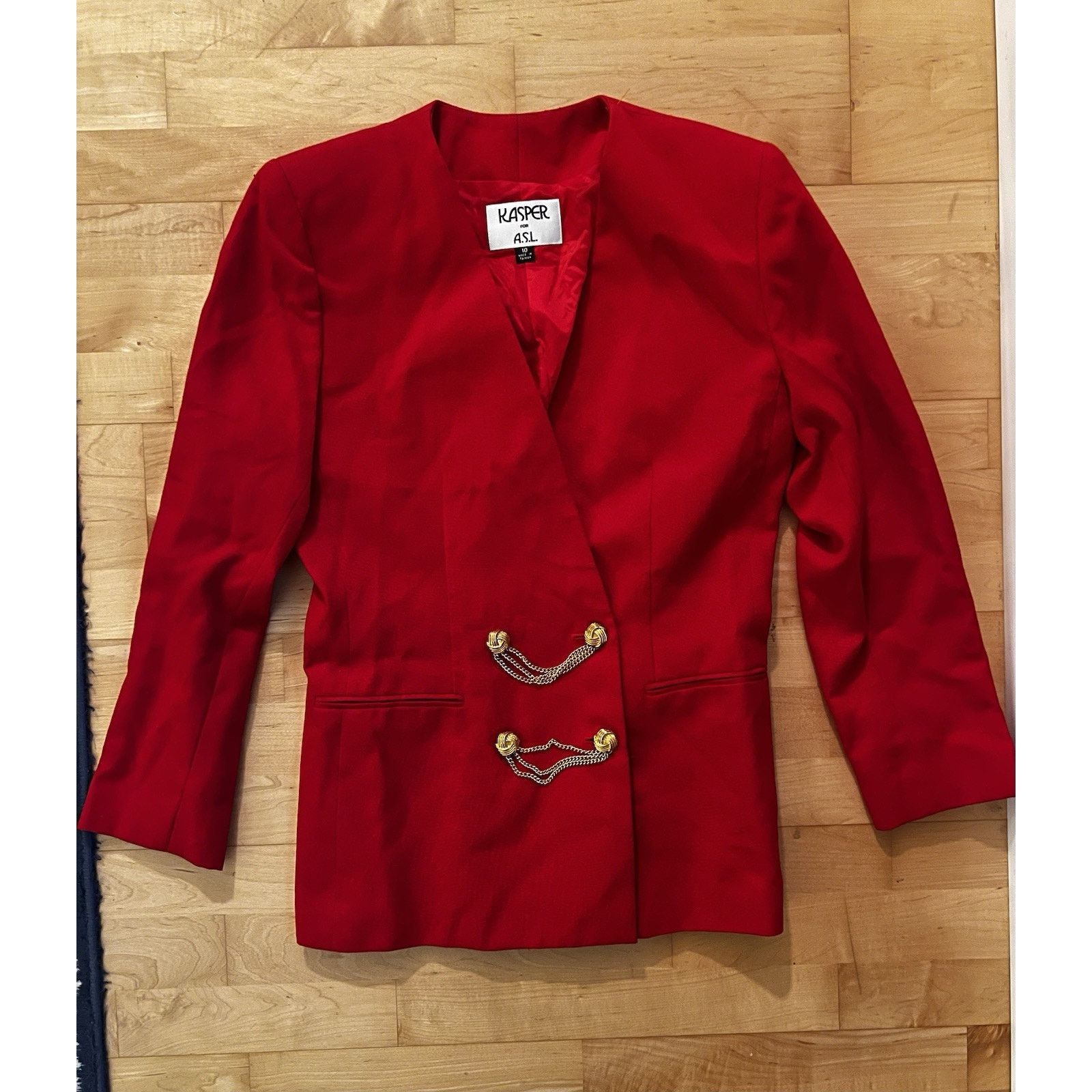 Vintage VTG Kasper Red V Neck Blazer Jacket Gold Chain Buttons 10 Size L / US 10 / IT 46 - 2 Thumbnail