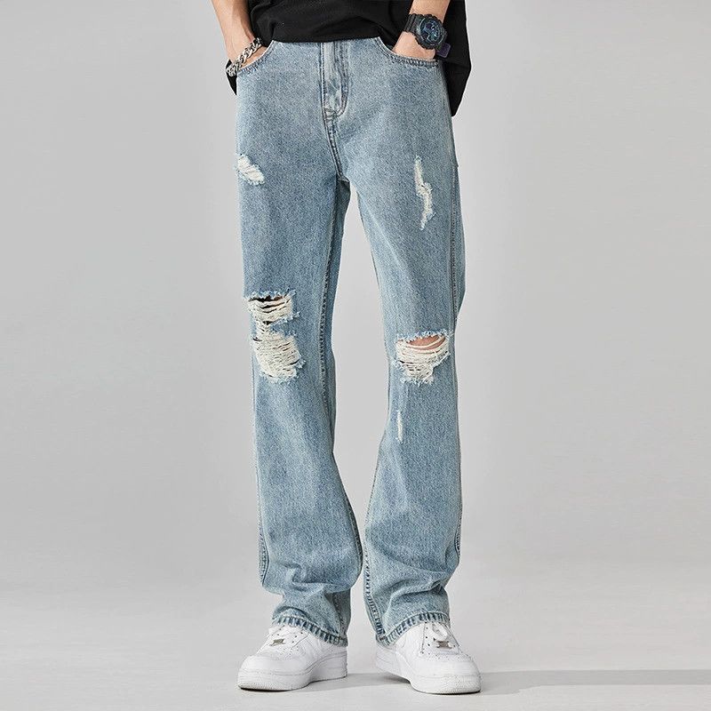 Men's loose straight washed retro ripped jeans