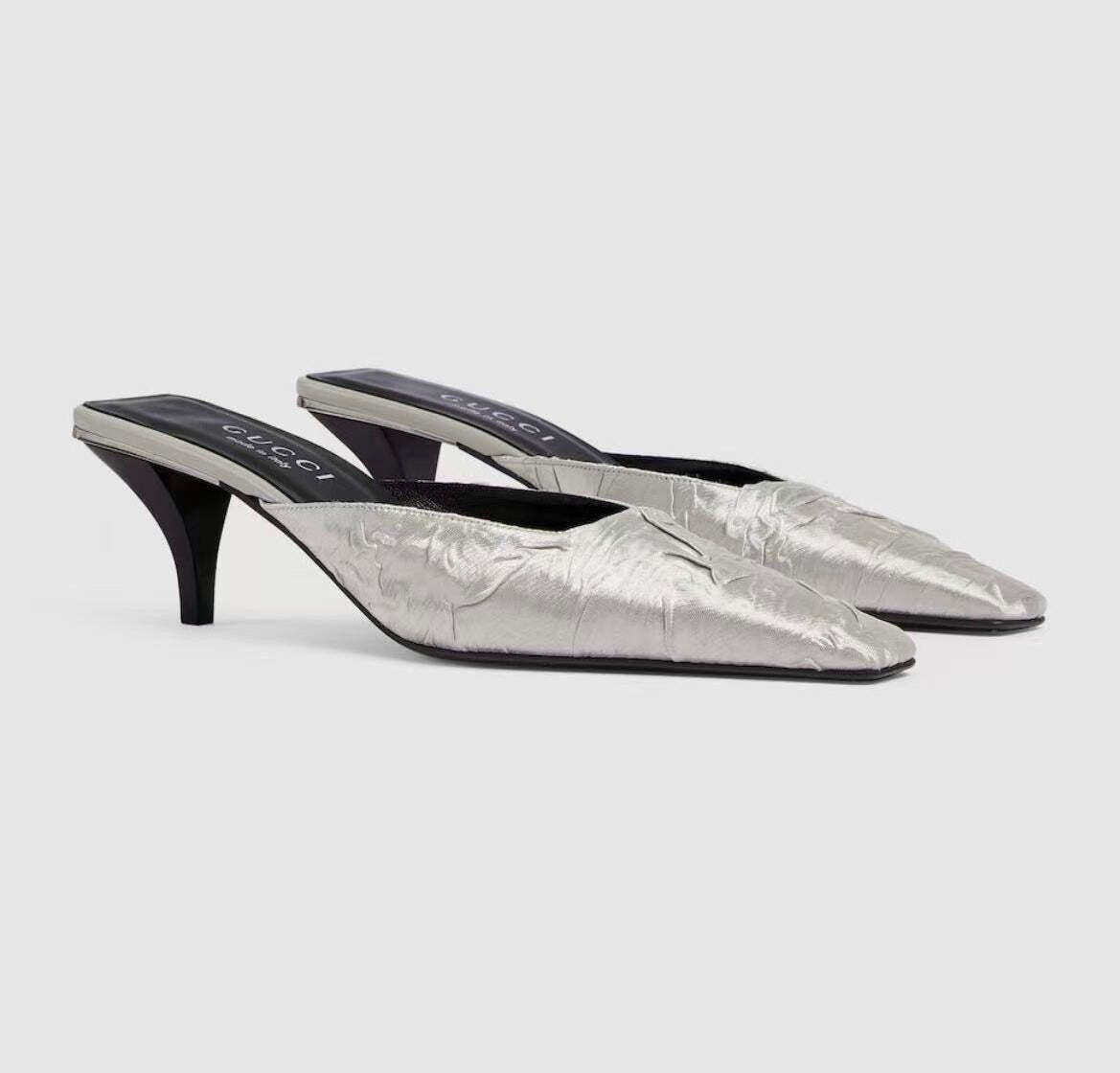Gucci Crystal G Fabric Mules in Silver, Women's