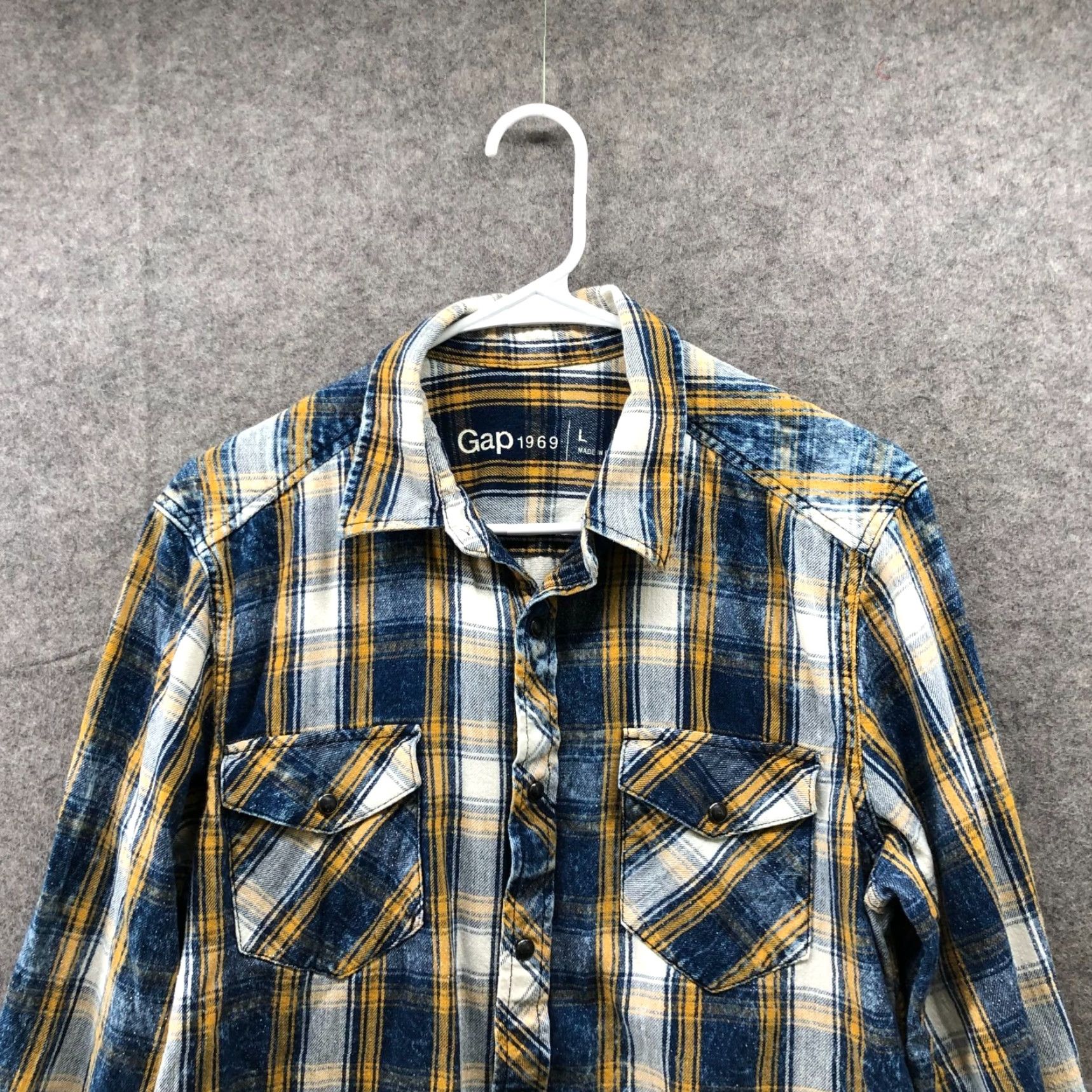 Gap Gap Plaid Western Shirt Mens L Blue Gold Pearl Snap Long Sleeve Cotton Shirt Size US L / EU 52-54 / 3 - 3 Thumbnail