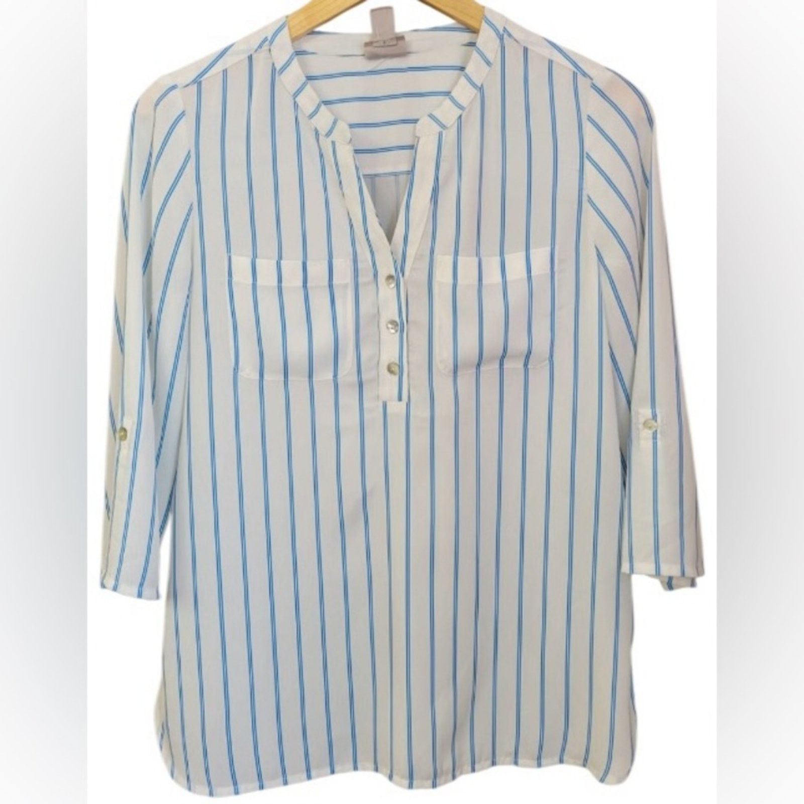 Chicos Chico's White Blouse, Blue Stripes roll tab sleeves sz 3, XL Size XL / US 12-14 / IT 48-50 - 1 Thumbnail