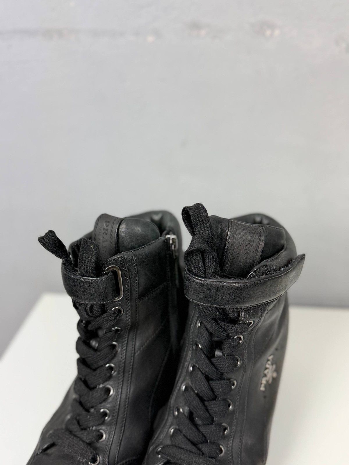 Prada Prada Black Wedge Sneakers Leather High Top EU 37.5 Size US 6.5 / IT 36.5 - 4 Thumbnail