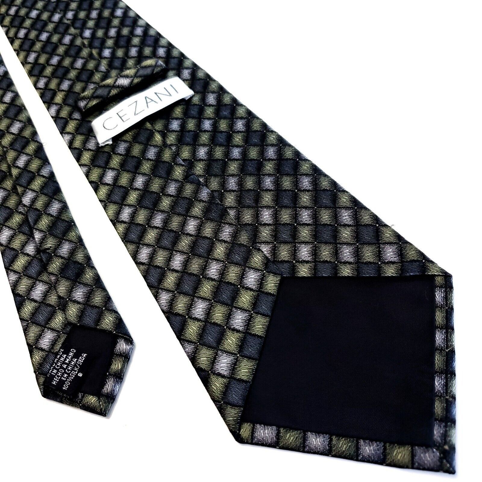 Vintage Cezani Black Green Silk Tie Woven Geometric Size ONE SIZE - 3 Thumbnail