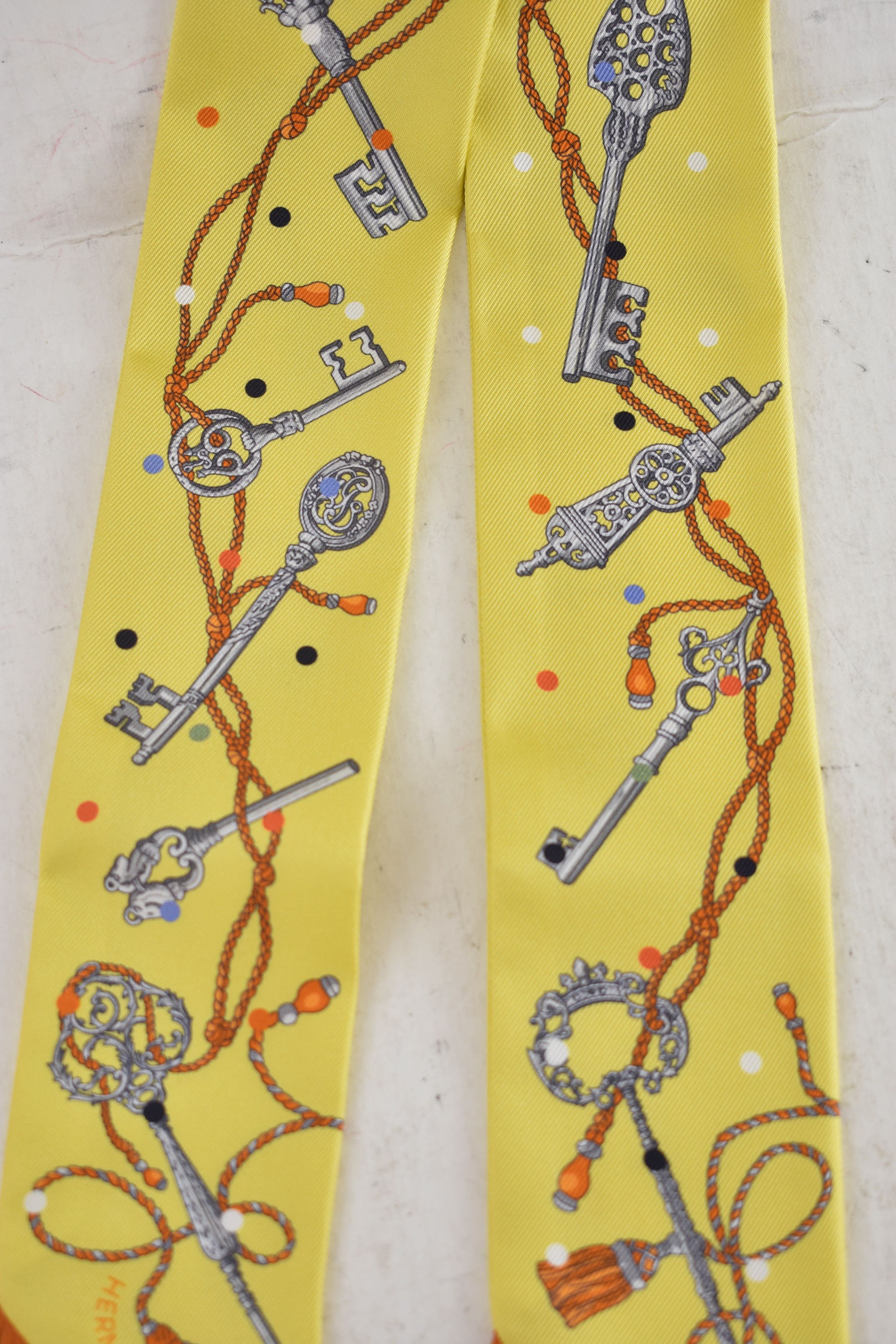 Hermes Scarf Twilly Fringe Leather Les Cles A Pois Jaune Argent Vif Size ONE SIZE - 9 Thumbnail