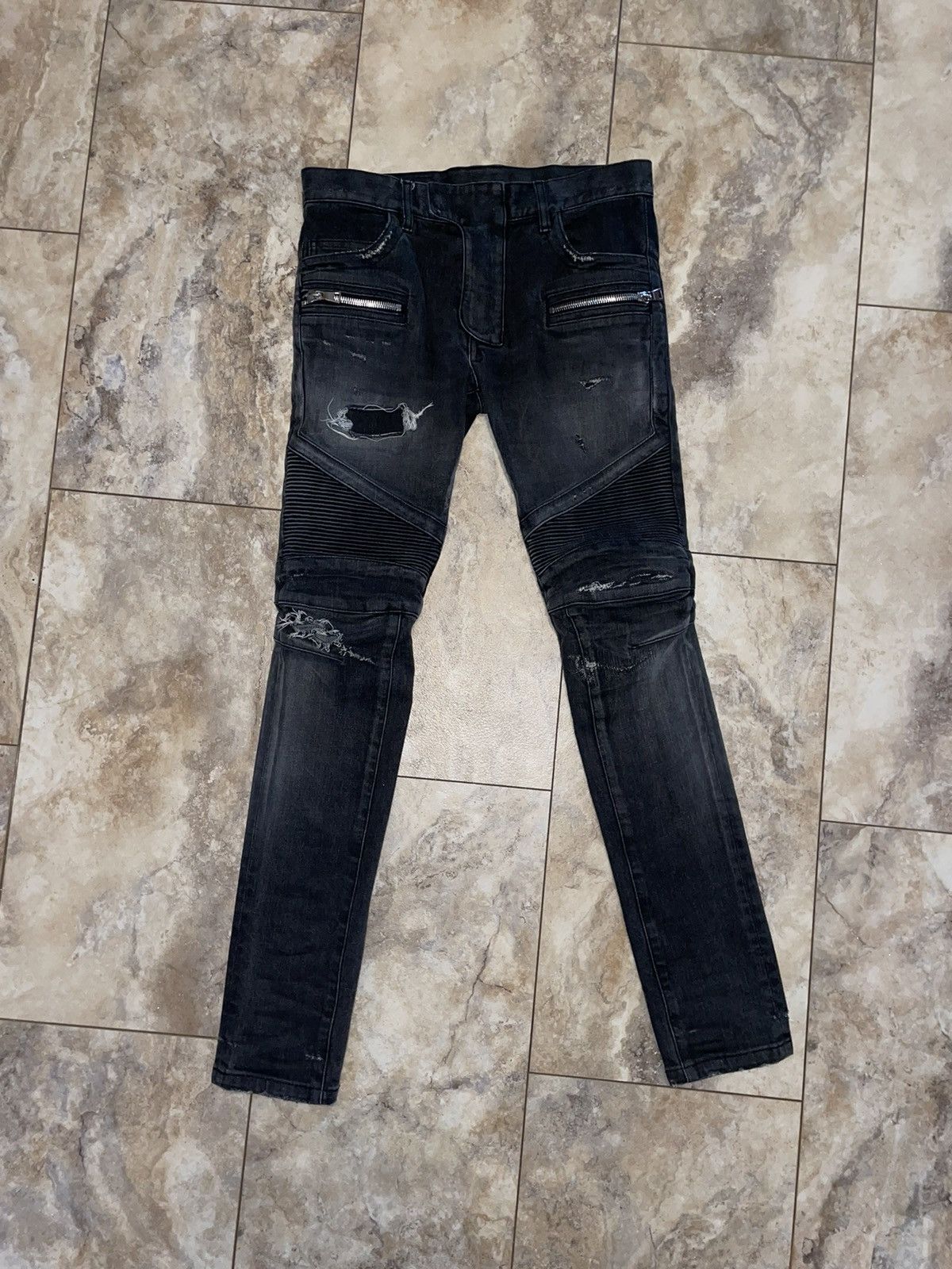Balmain Biker Distressed Denim Jeans Washed Black Size 28 - Main Image
