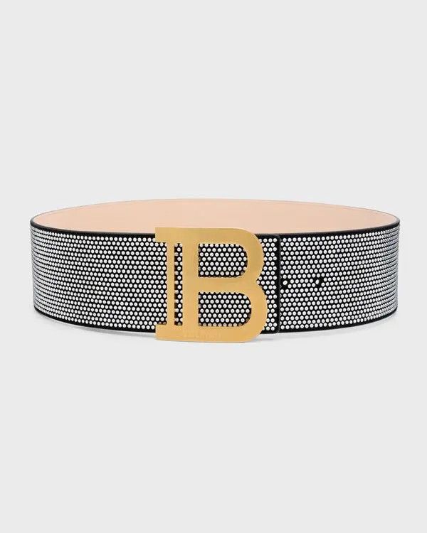 Balmain o1s1wg111225 Size:OS/B-Logo Crystal Leather Belt in Black Size ONE SIZE - 1 Thumbnail