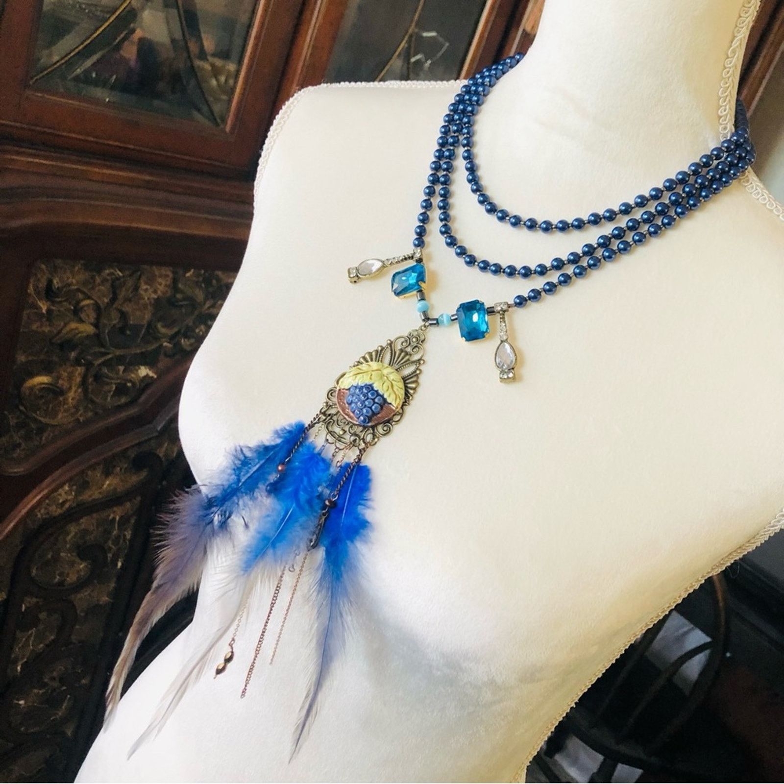 Handcrafted filigree cameo Pearl genuine labradorite necklac