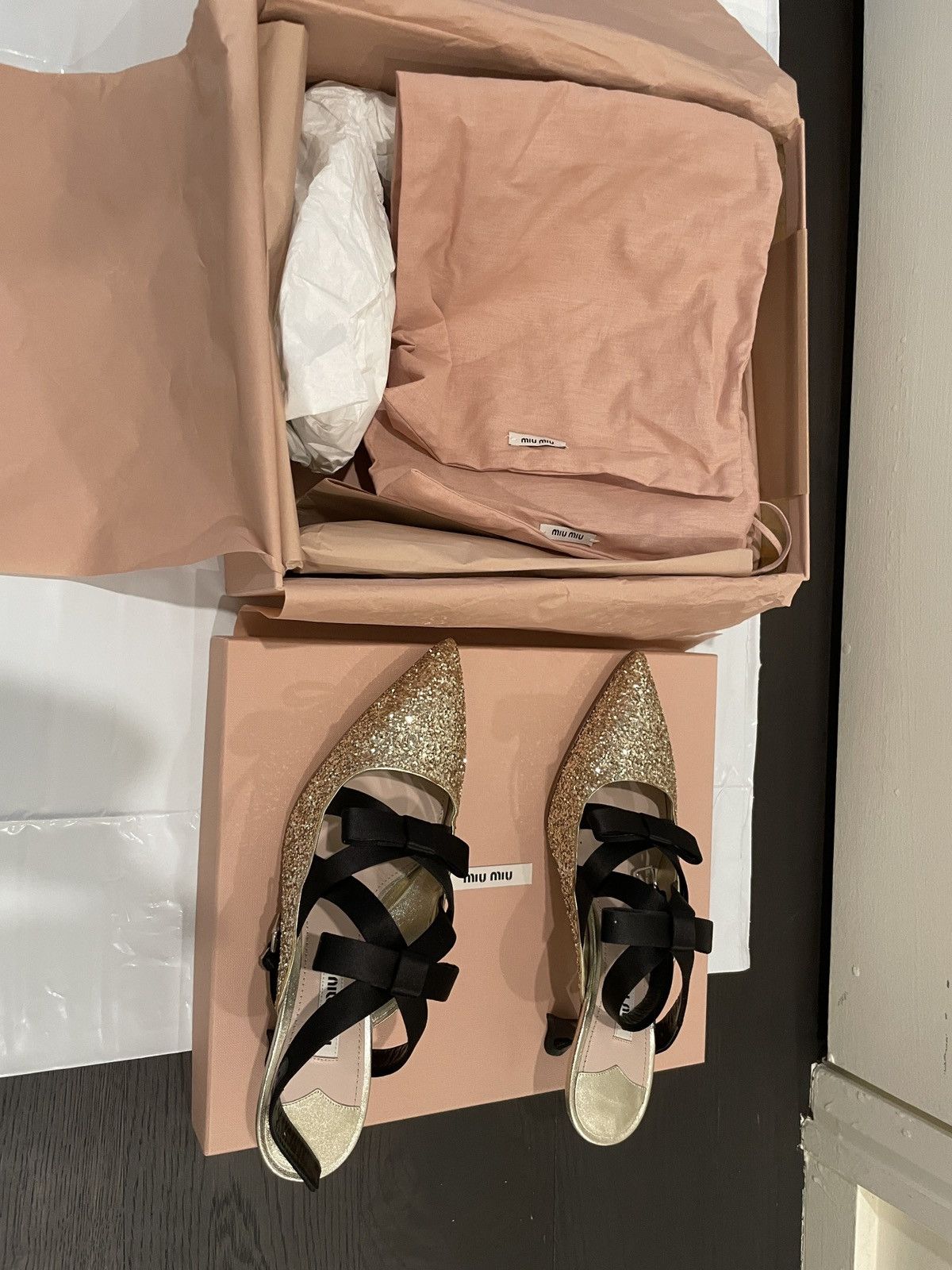 Miu Miu Miu Miu Glitter Slingback Heels with Satin Ribbons – Size 37 Size US 7 / IT 37 - 4 Thumbnail