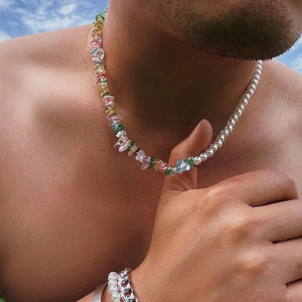 Jewelry Imitation Pearl And Colorful Stone Beads Necklace in Silver, Men's