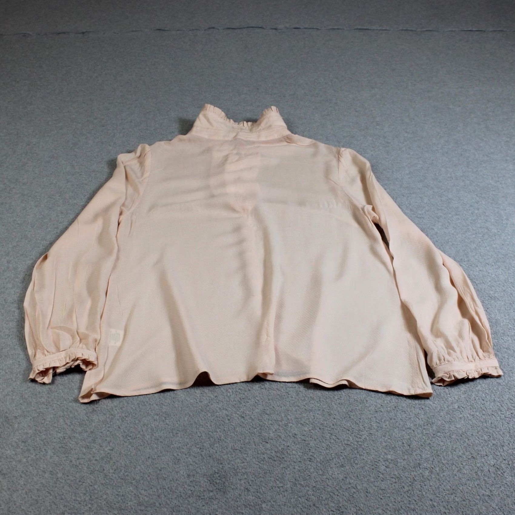 Vintage VINTAGE? No. ModCloth Shirt Women L Pink Ruffle Mock Neck Button Sheer Romantic Boho Top Size L / US 10 / IT 46 - 2 Thumbnail