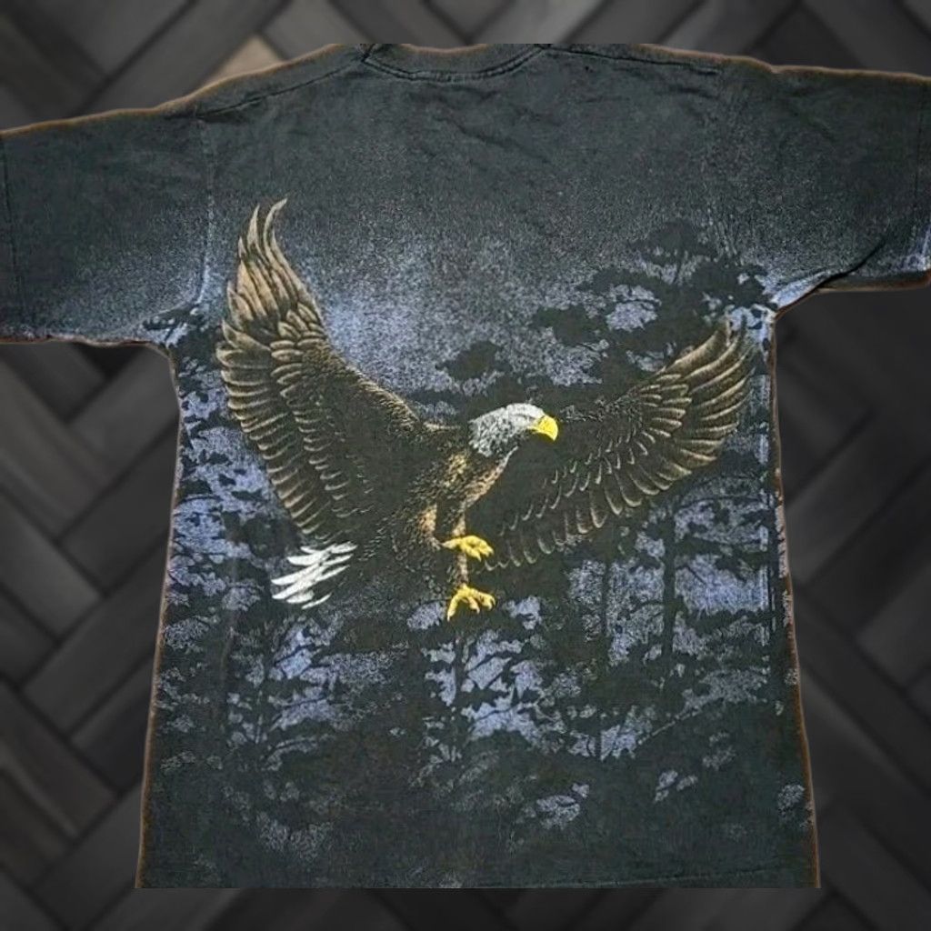 Fruit Of The Loom VINTAGE 1994 Eagle T Shirt Mens M Fruit of The Loom USA Flying AOP Graphic 90s Native Wild Life Black Cotton Logo Short Sleeve Crew Neck Mens Size US M / EU 48-50 / 2 - 1 Thumbnail