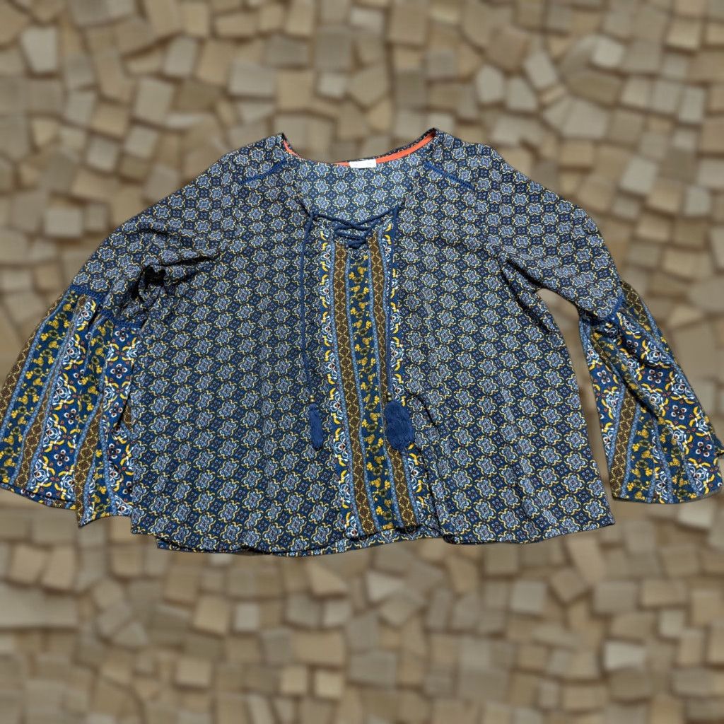 Vintage Skylar & Jade Blouse Women's Plus 2X Blue Red Yellow Printed Long Sleeve V-Neck Shirt Mens Womens Girls Bed? Size XXL / US 16-18 / IT 52-54 - 1 Thumbnail