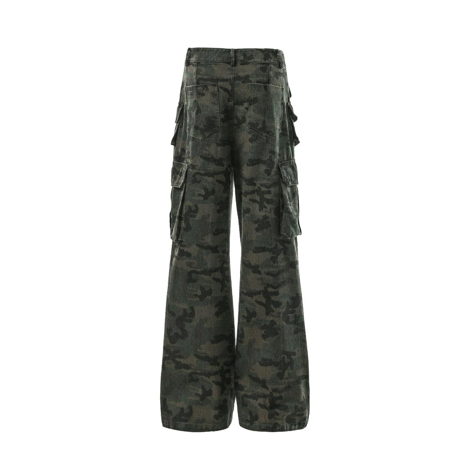 Japanese Brand Dark Green Camo Stacked Flared Cargo Pants, Wide Leg Pants Size US 32 / EU 48 - 3 Thumbnail