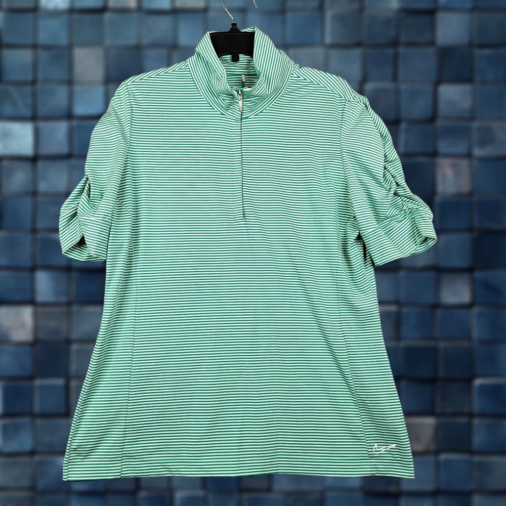 Nike Nike Dry Fit Polo Golf 1/2 Zip Stripes Green White Ruched Sleeve L Women Activewear Top Polo Size ONE SIZE - 1 Thumbnail