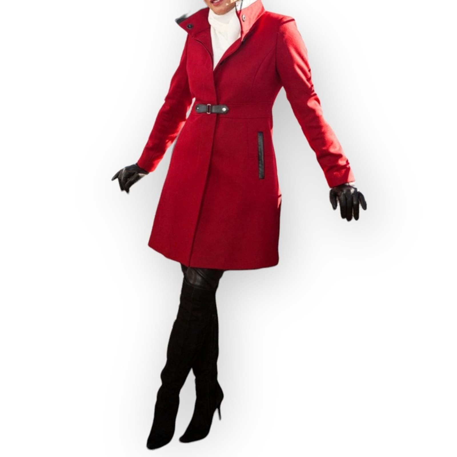 Via Spiga Wool Faux Leather Red & Black Peatcoat
