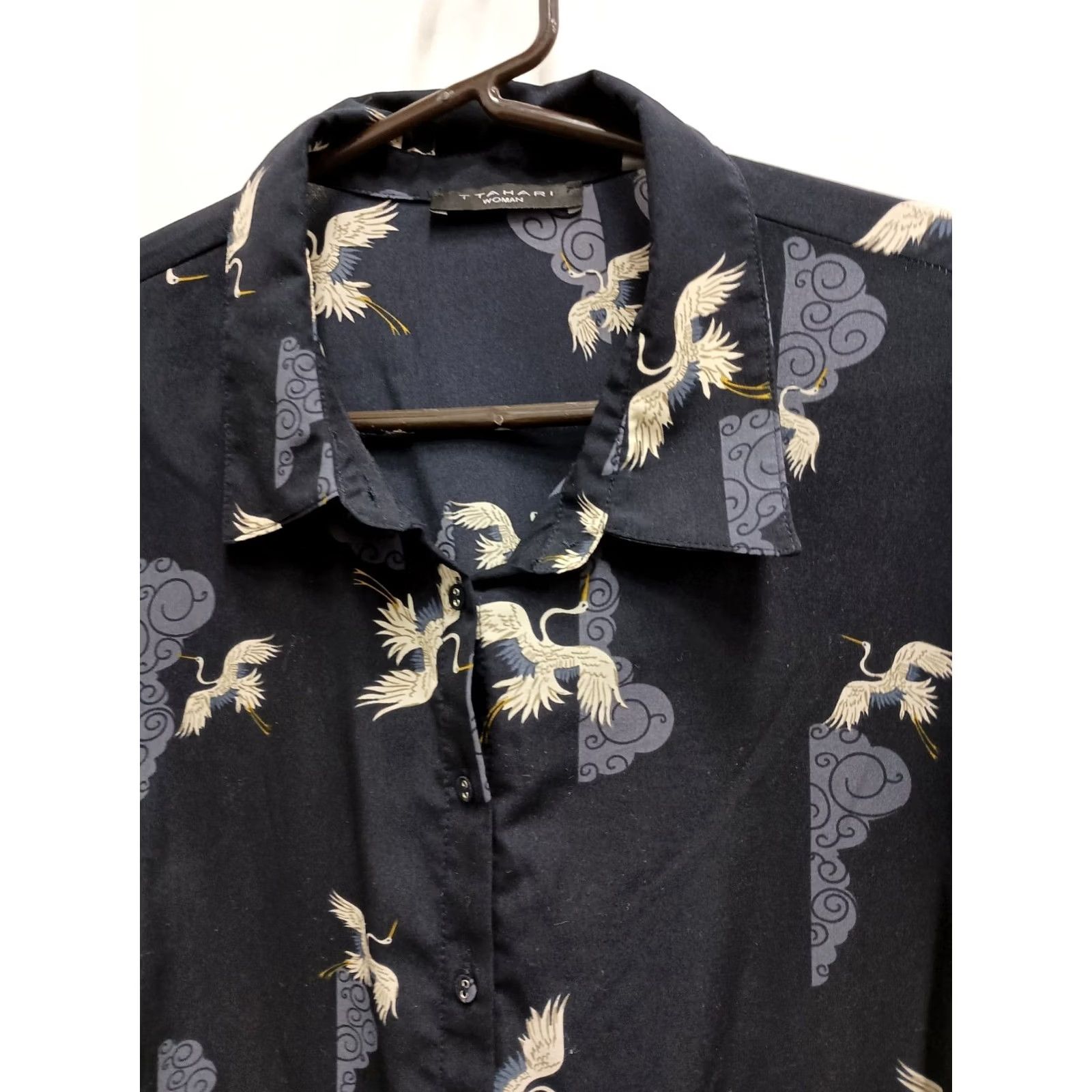 Vintage T Tahari Blouse Navy Crane Print Long Sleeve Size 3X Office Carrier Top Womens Size XXL / US 16-18 / IT 52-54 - 2 Thumbnail