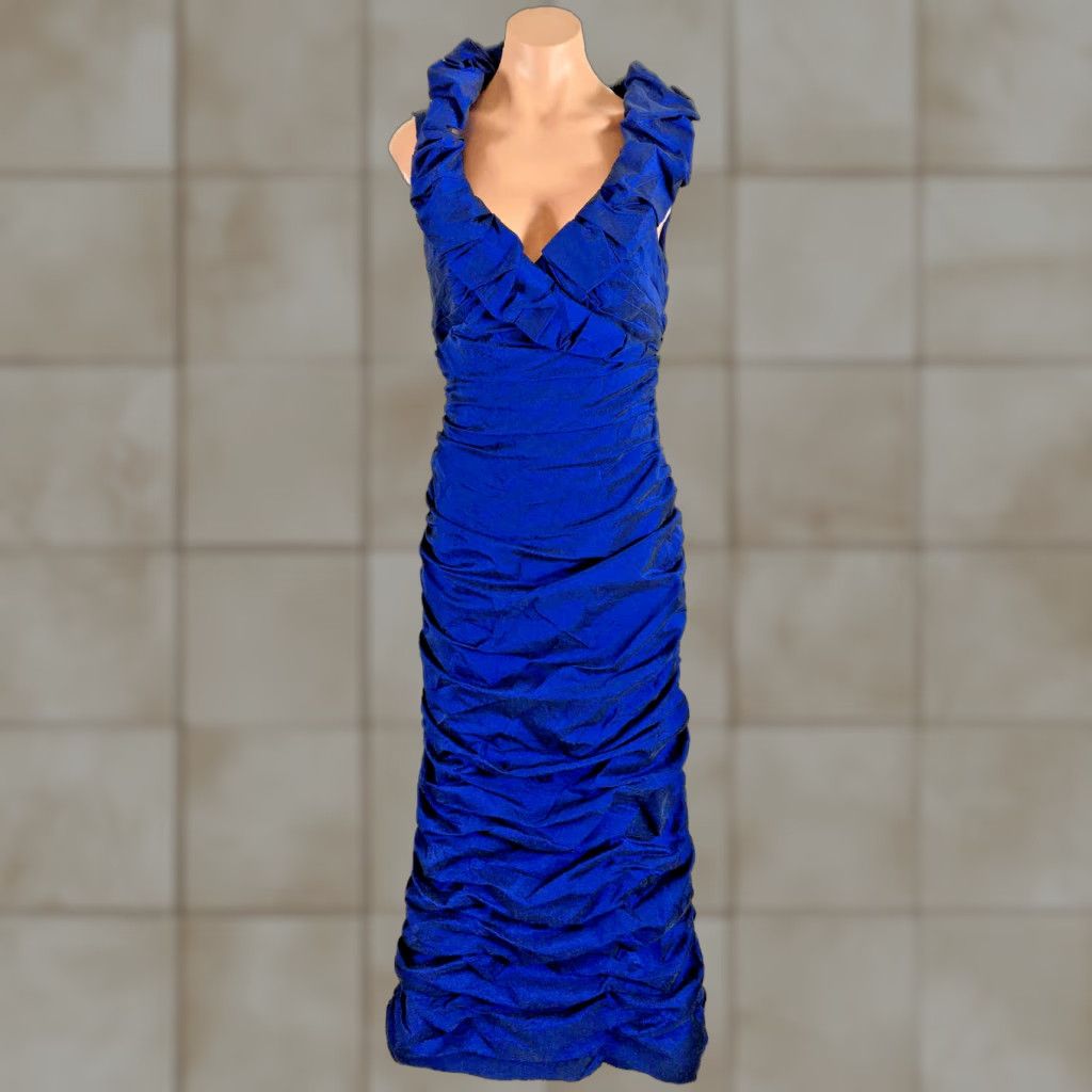 VINTAGE Adrianna Papell Occasions Iridescent MOB Evening Dress Ruched  Sheath Sz 8 Blue Party/Cocktail Sleeveless