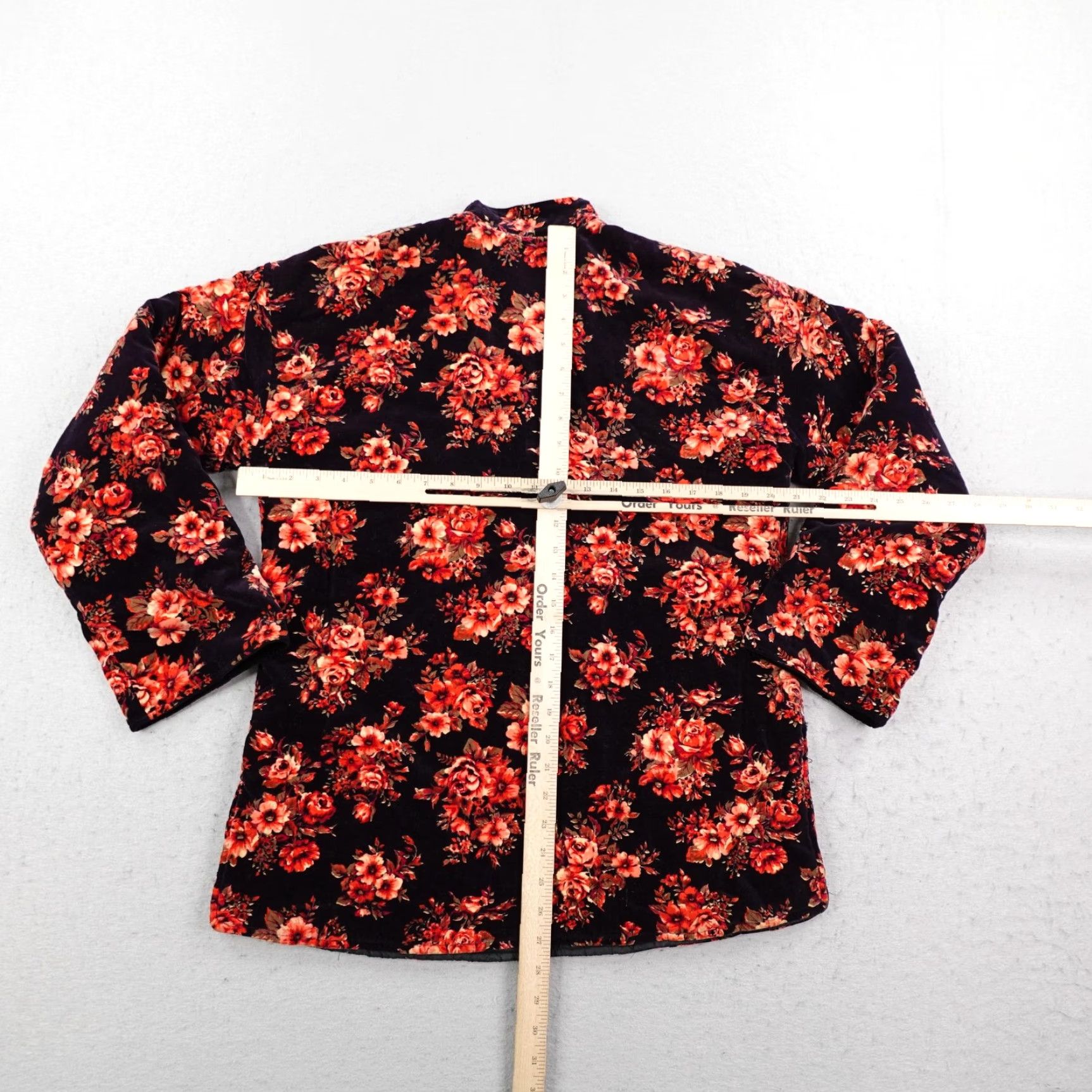 Velvet VINTAGE Cleopatra Jacket Womens 12 Black Red Floral Velvet Quilt Lined Toggle Coat Mid-Length Pockets - Womens Size XL / US 12-14 / IT 48-50 - 7 Thumbnail
